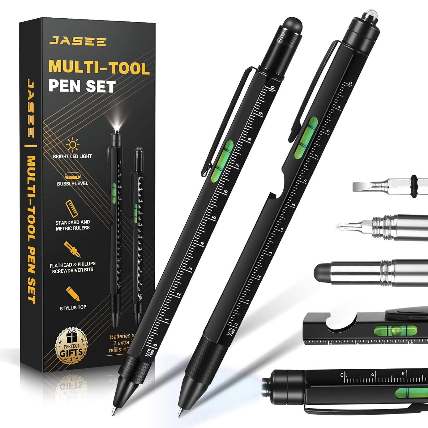 Jasee Gifts for Men Him Dad, Multitool Pen Set, Cool Gadgets for Boyfriend Husband Handyman on Birthday, Fathers Day, Christmas, Unique Multi Tool with LED, Stylus, Level, Screwdriver, Flathead