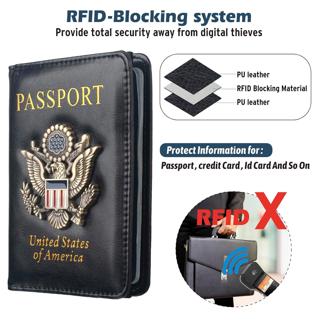 RFID Passport Holder Wallet Passport Cover Case for Women Men Travel, Waterproof Leather US Passport Book with Vaccine Card Slot, Passport and Ticket Organizer Travel Essentials Carrier Protector, Black, Rfid Wallet