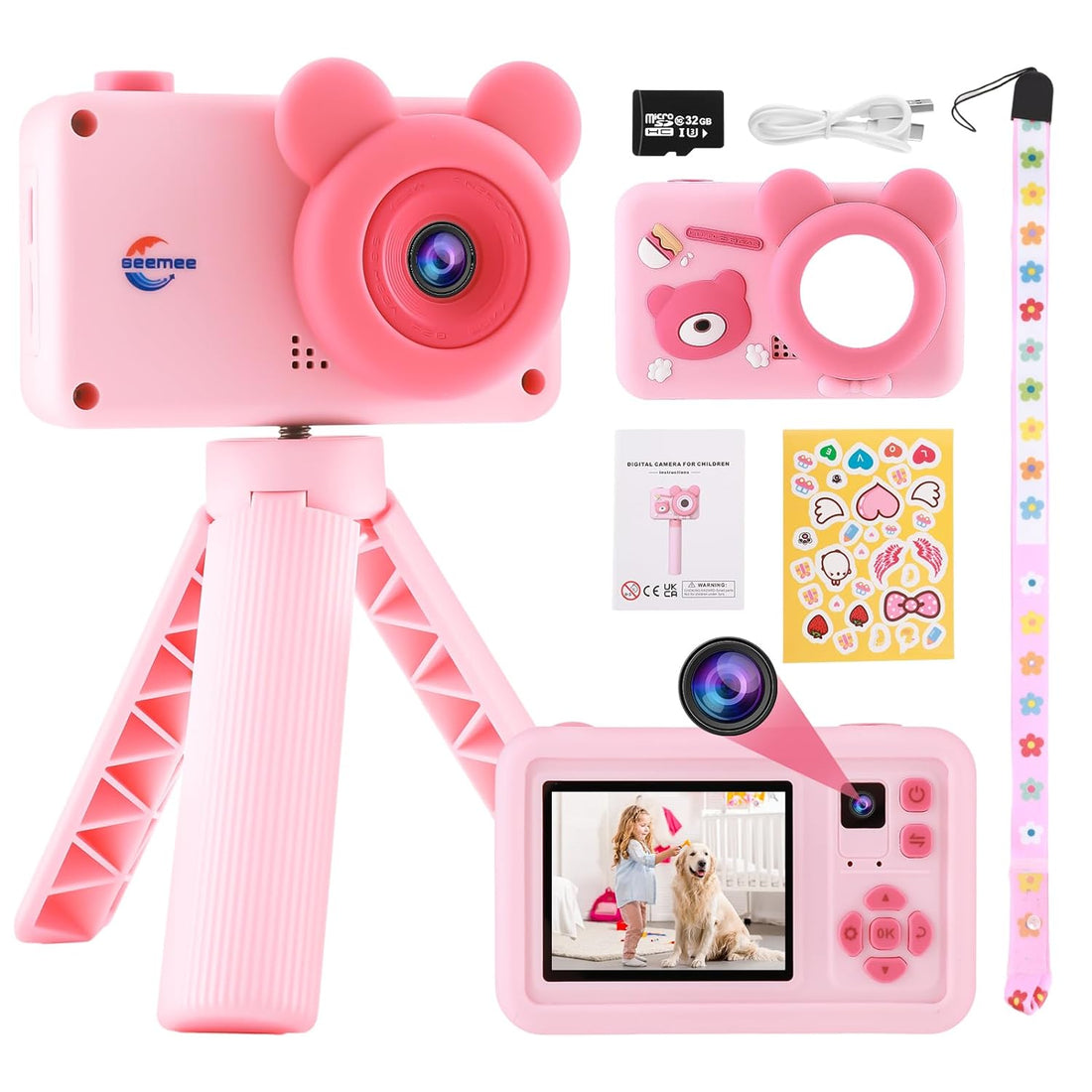Seemee Kids Digital Camera with Bear Silicone Case and Tripod (Pink)