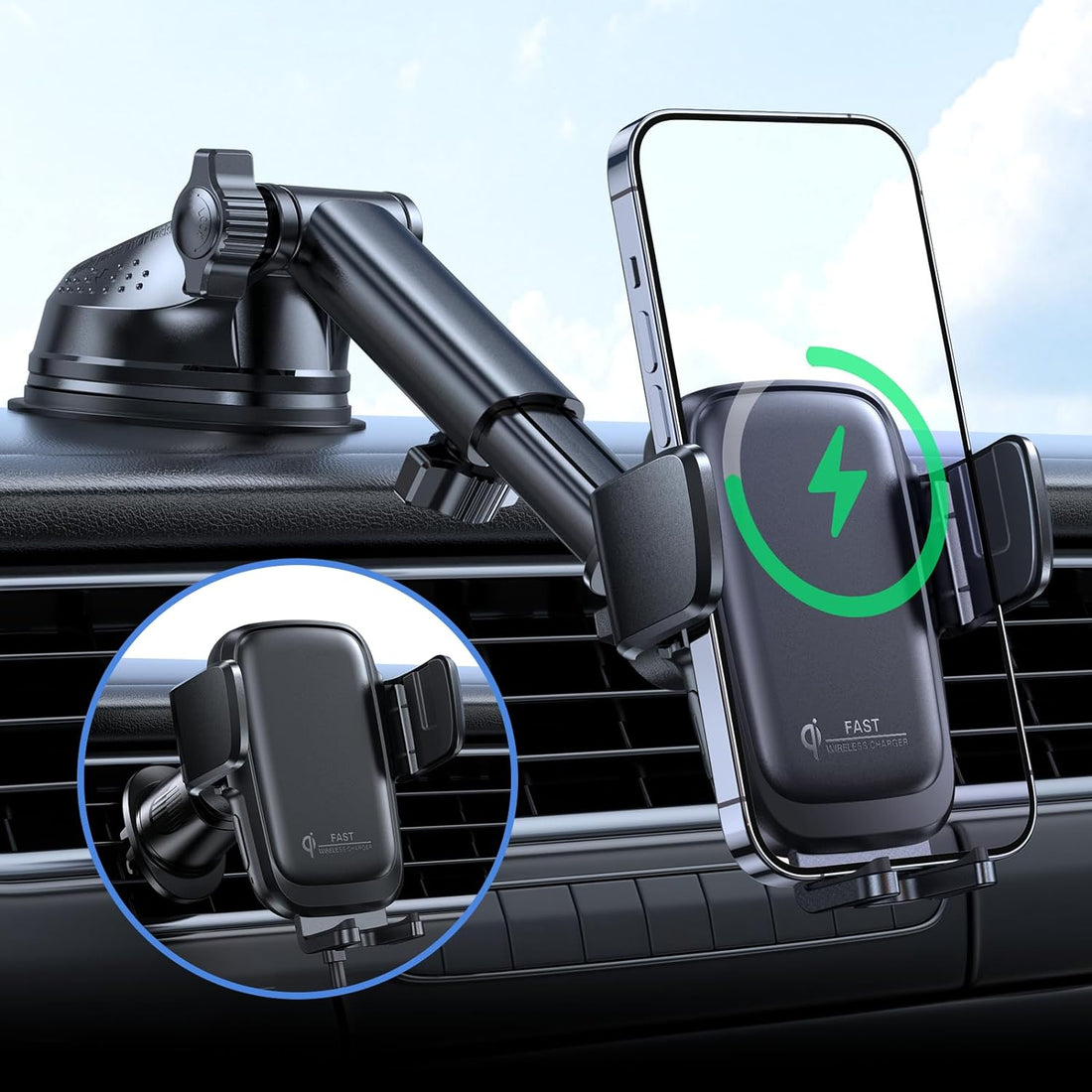 Puretor 2in1 Car Phone Mount Holder, 15W Qi-Enabled Wireless Car Charger, Fast Charging Car Phone Holder, USB C Charger for iPhone 14 13 12 Pro Max, Samsung Glaxy S21, S20, S10+, S9+, etc