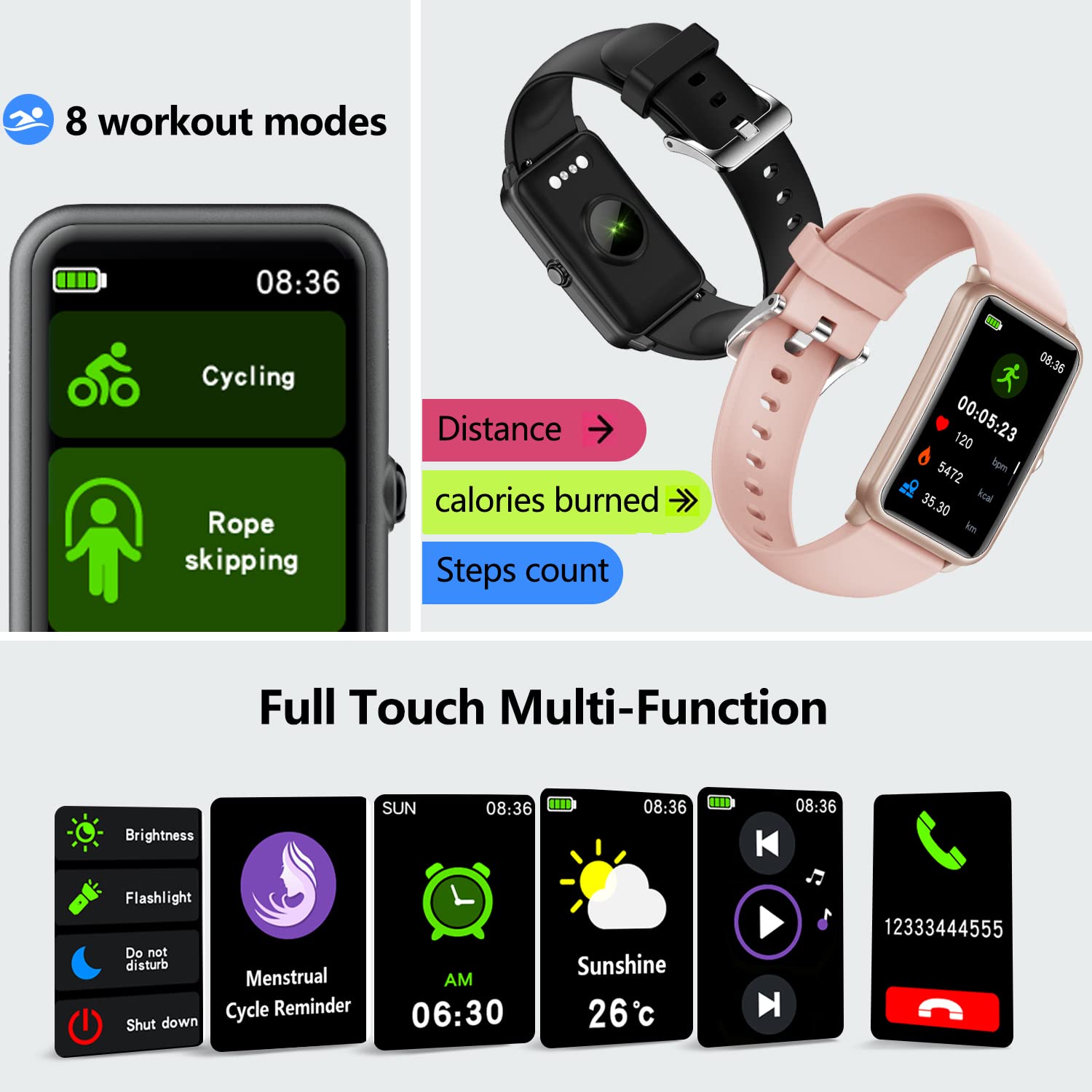 FITVII Fitness Tracker, Heart Rate Blood Pressure Monitor Activity Tracker, 1.57'' Touch Screen Calorie Step Counter IP68 Waterproof Watch with Weather Sleep Monitor Music Control for Women Men Kids