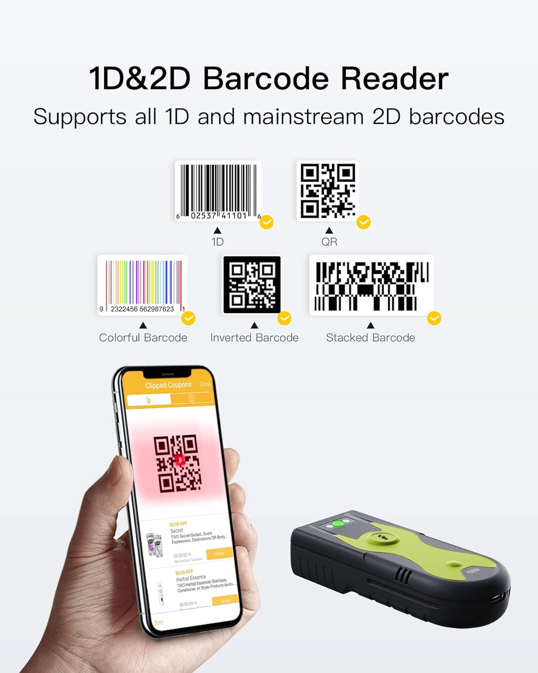Inateck BCST-42 Bluetooth 2D Barcode Scanner with 2.4 GHz USB Adapter, Reads Barcodes from Screens, Exclusive Quick Buttons