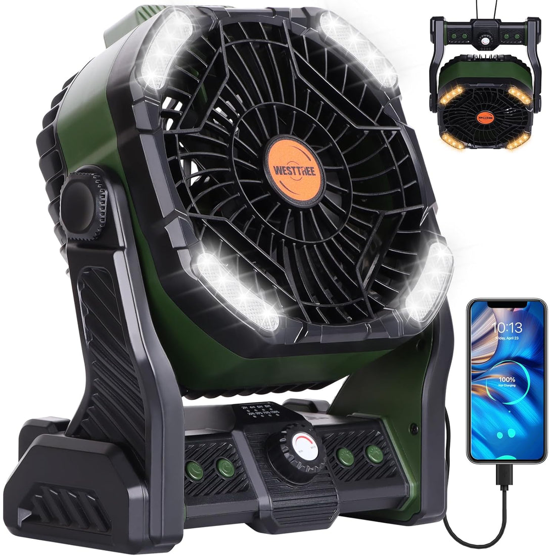 WESTTREE Camping Fan with LED Lantern, Rechargeable Battery Operated Outdoor Tent Fan with Light & Hook, 270° Pivot, 4 Speeds, Personal USB Desk Fan for Camping, Power Outage Jobsite Green X26A
