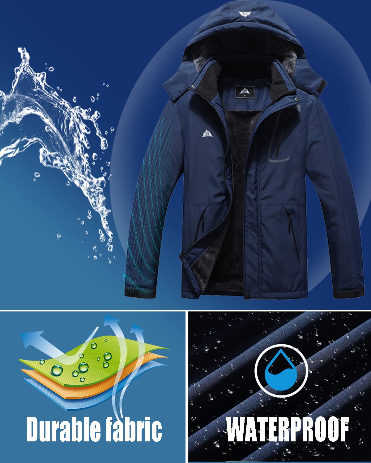 Men's Mountain Waterproof Ski Jacket Windproof Rain Windbreaker Winter Warm Hooded Snow Coat, Dark Blue-04, Small