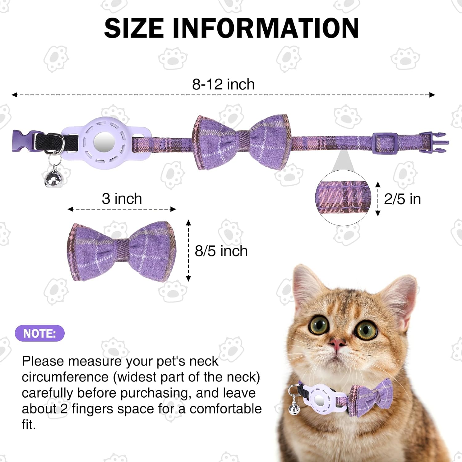 DILLYBUD Airtag Cat Collar, Plaid Cat Collar with Bow Tie and Bell, Adjustable Breakaway Pet Collar for Puppy Kitten Girl and Boys, GPS Tracker Cat Collars, Purple