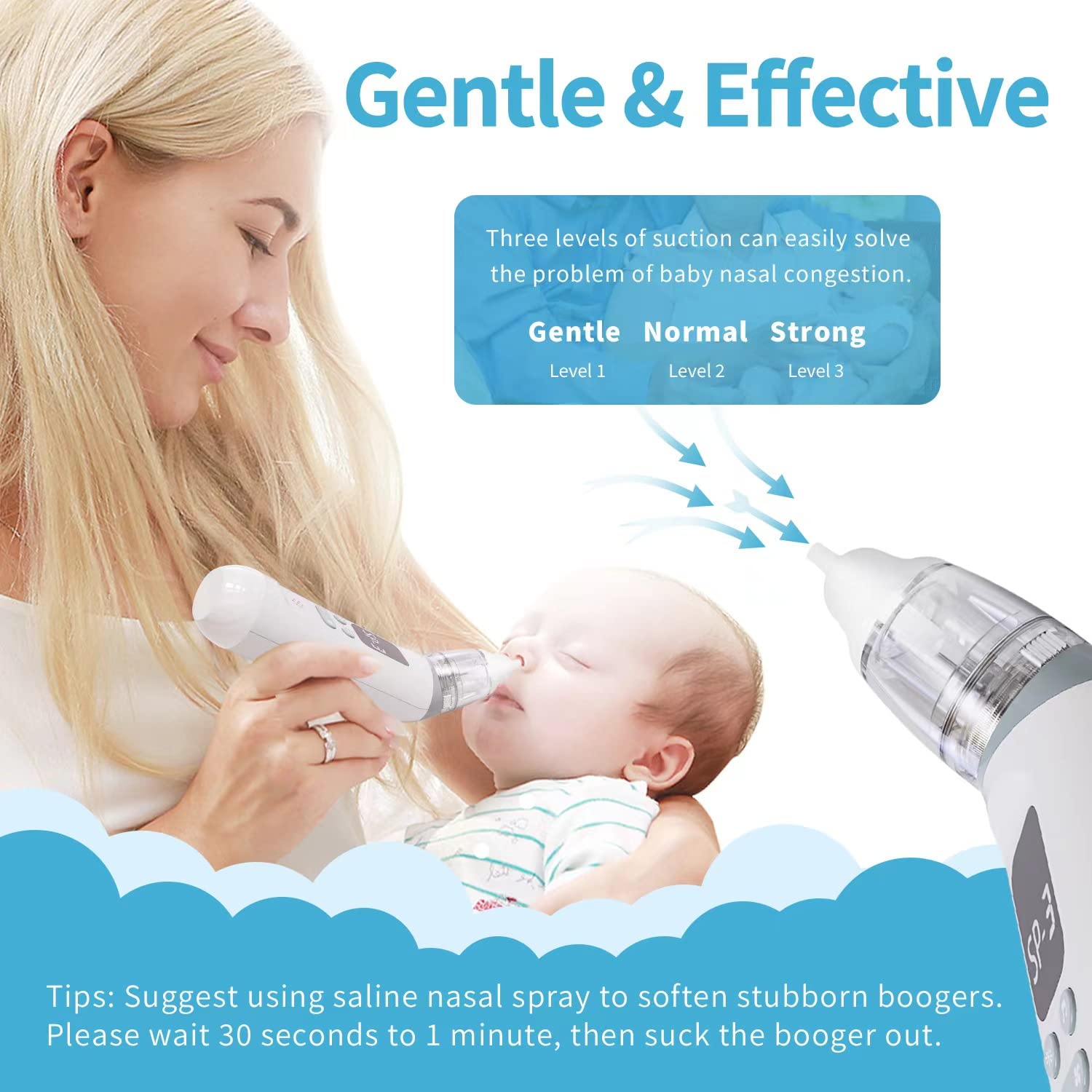 Nasal Aspirator for Baby, Electric Baby Nose Sucker with Adjustable 3 Levels Suction, Rechargeable Snot Sucker for Babies with 8 Light Modes and 3 Nursery Rhymes