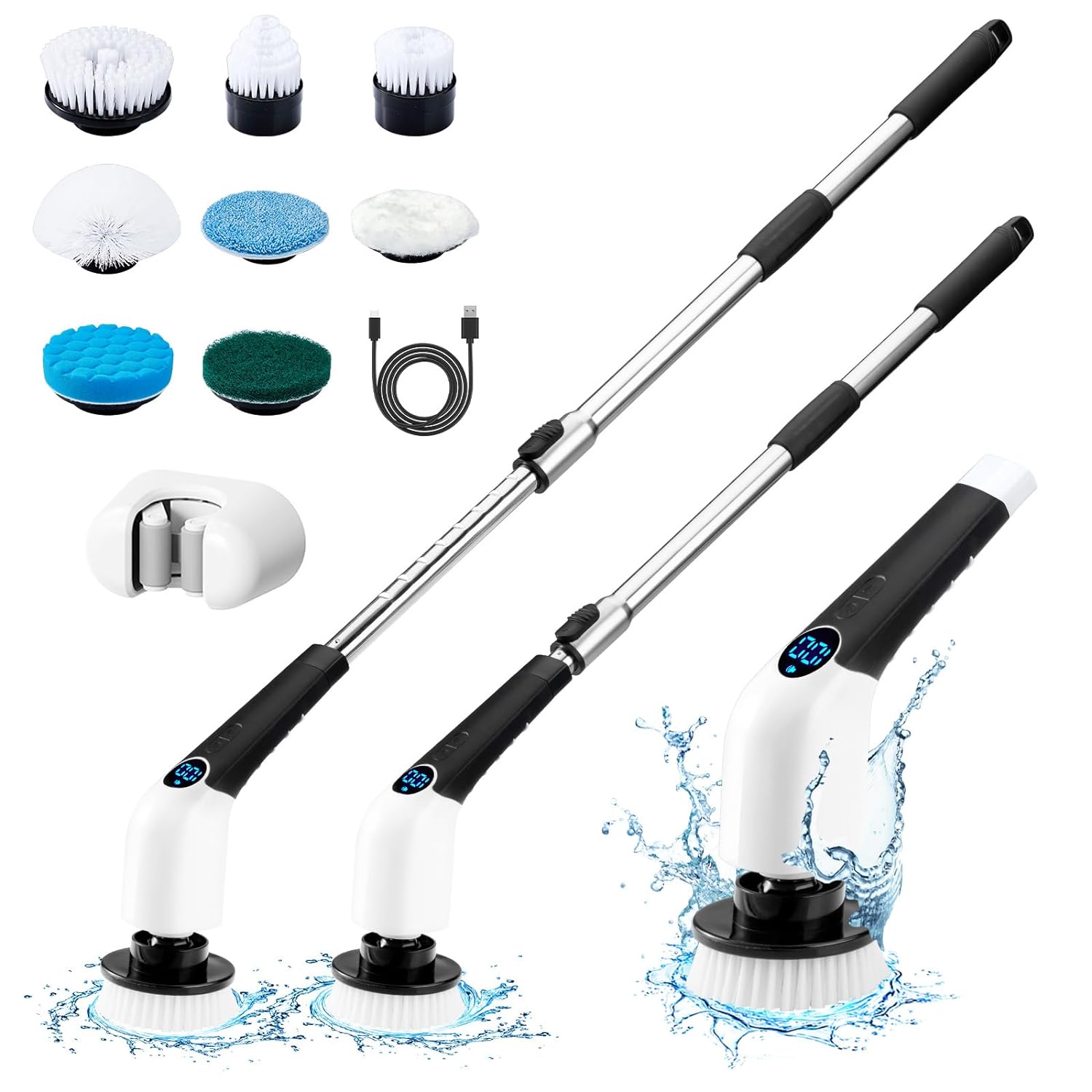 Electric Spin Scrubber, Cordless Cleaning Brush with 8 Replaceable Brush Heads, Power Shower Scrubber Long Handle Extendable Handheld Electric Scrubber for Bathroom Floor Tub Tile