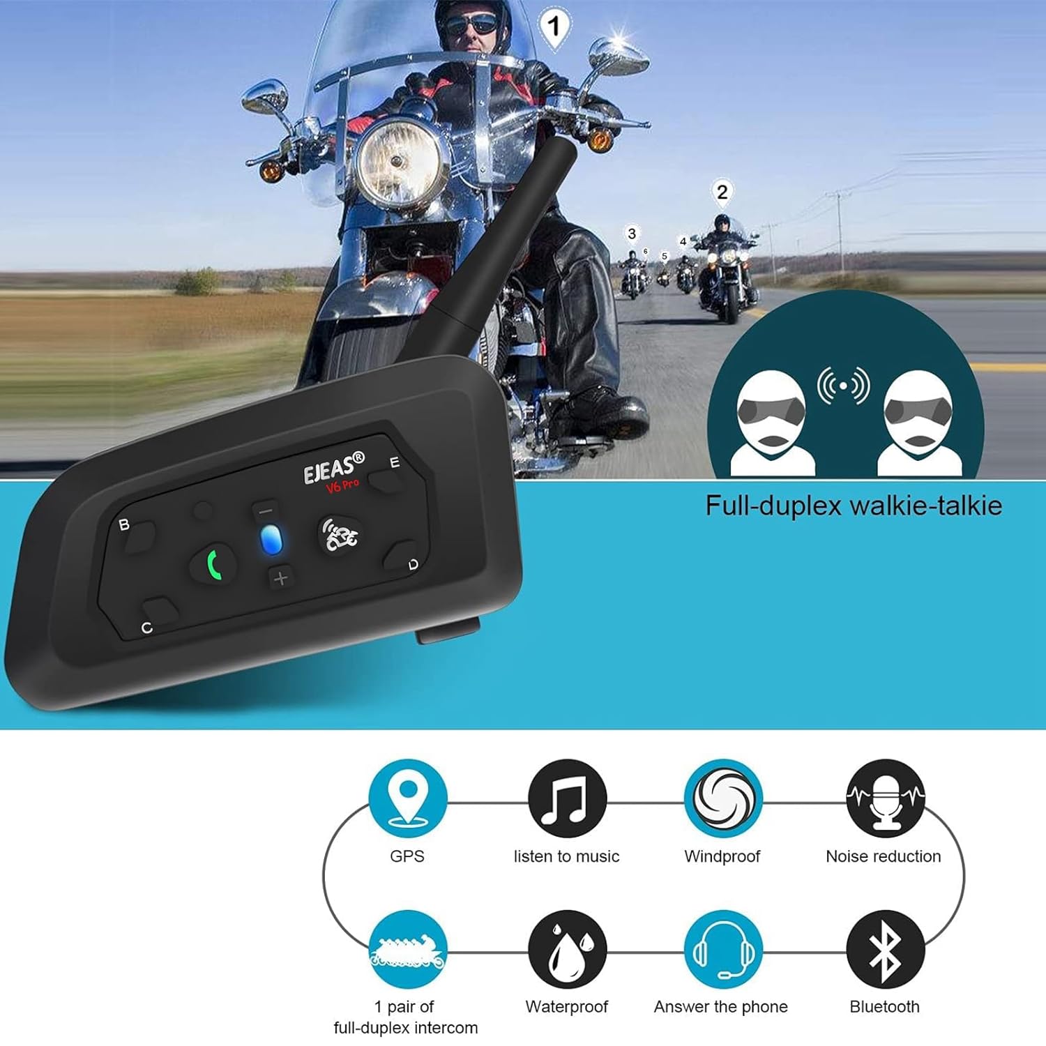 EJEAS EJEAS Motorcycle V6 Bluetooth Intercom 1200M Full Duplex Motorbike Snowmobile Helmet Skiing Communication Interphone Headset Waterproof 6 Riders(Dual)