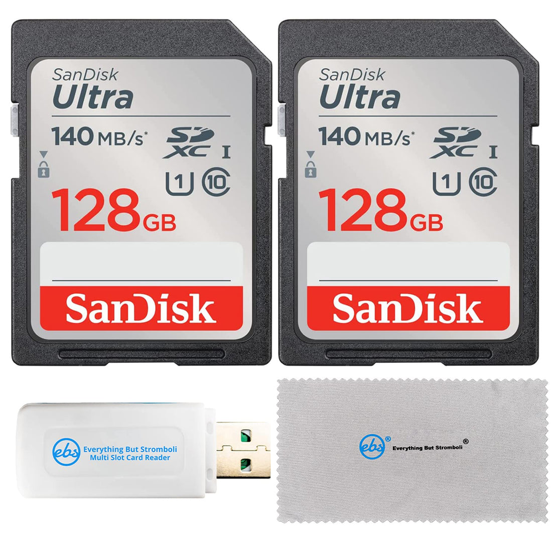 SanDisk 128GB SD Ultra Memory Card (Two Pack) Works with Canon EOS Rebel T7, Rebel T6, 77D Camera (SDSDUNB-128G-GN6IN) Bundle with Everything But Stromboli Multi Slot Card Reader & Micro Fiber Cloth