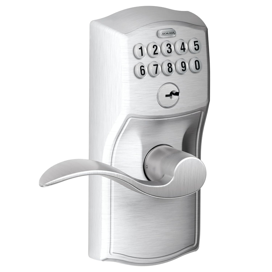 Schlage FE595 CAM 626 Acc Camelot Keypad Entry with Flex-Lock and Accent Levers, Brushed Chrome