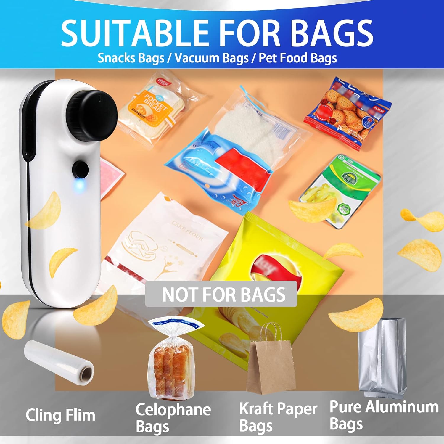 Bag Sealer, Mini Bag Sealer Heat Seal, Rechargeable Mini Chip Bag Sealer with Heat Sealer Cutter Soft Magnetic Portable Bag Resealer -White