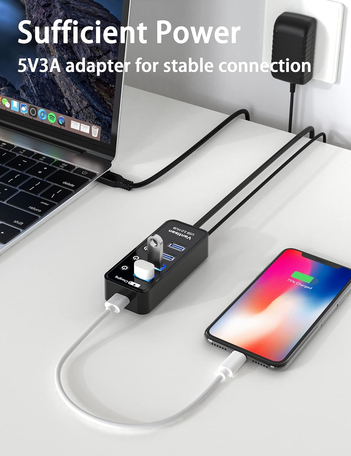 vantisan Powered USB 3.0 Hub, USB Extension 4-Port USB Hub Splitter (4 USB 3.0 Data Ports+1 Smart Charging Port) with 5V/3A Powered Adapter and Individual ON/Off Switches