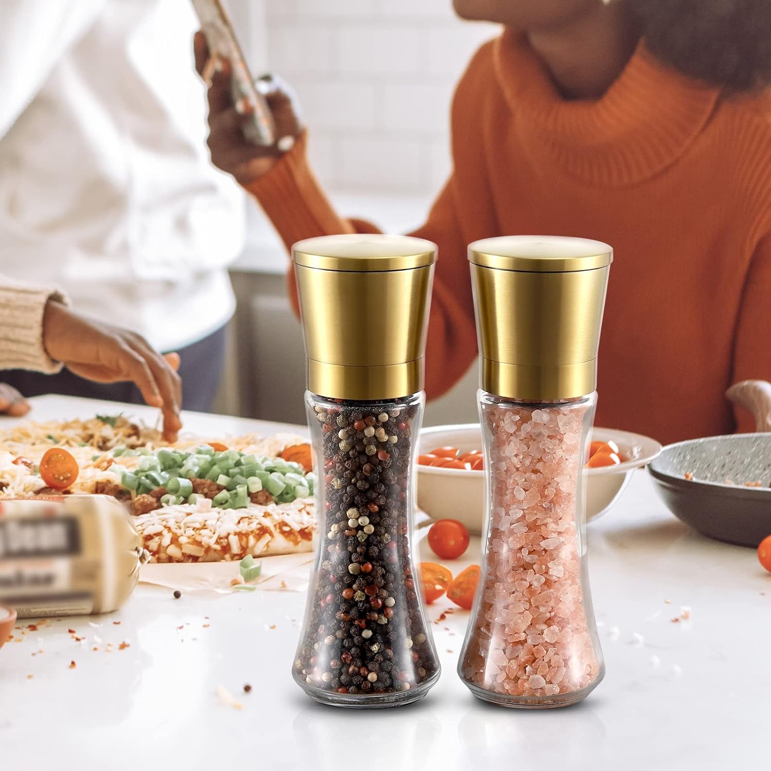 Gold Salt and Pepper Grinder Mill Set Stainless Steel Pepper Shaker Adjustable Ceramic Coarseness Salt Grinder Black Pepper Spice Grinders Mill,Kitchen Gift