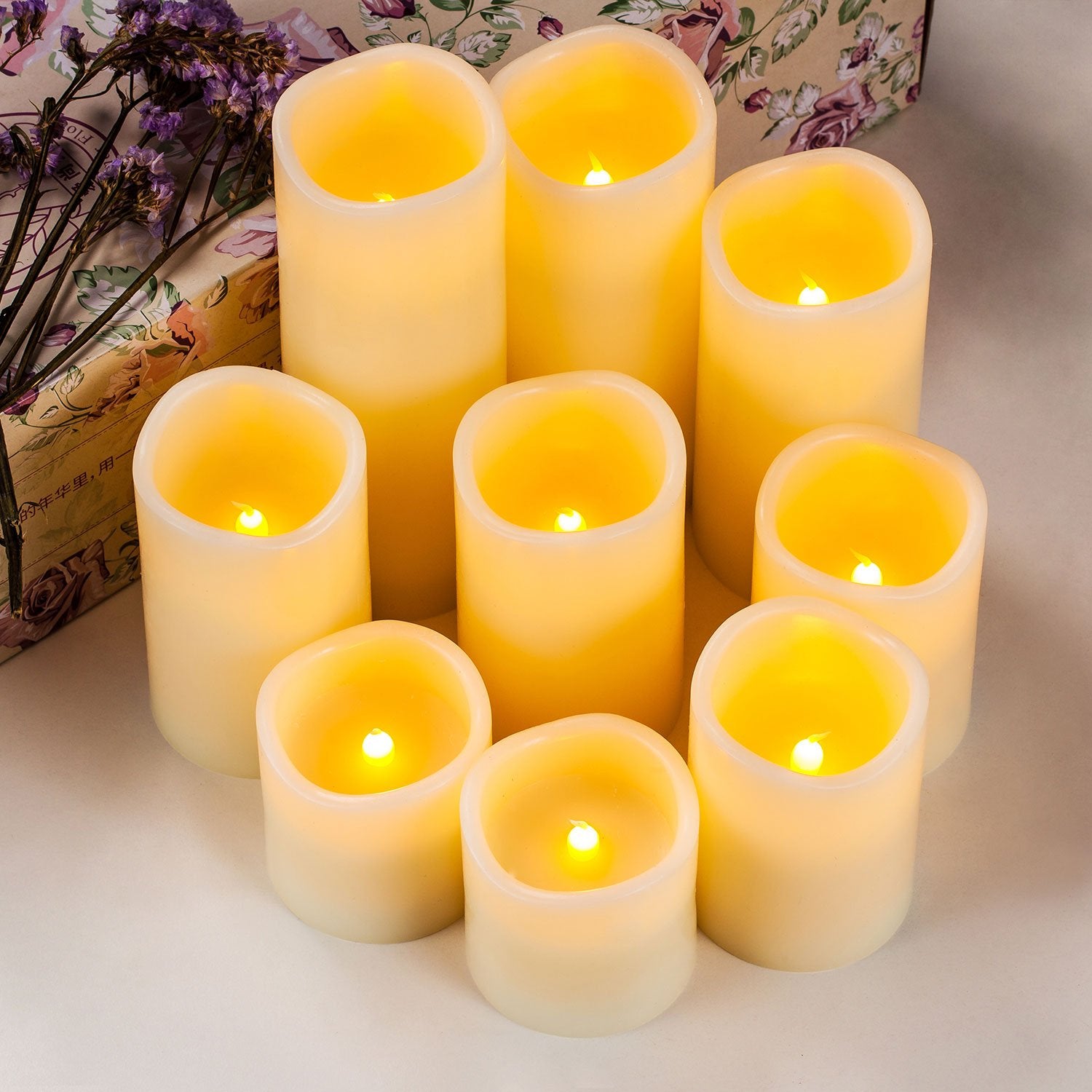 Ry-king 4 5 6 7 8 9 Pillar Flickering Flameless LED Candles with 10-key Remote Timer, Set of 9 by RY
