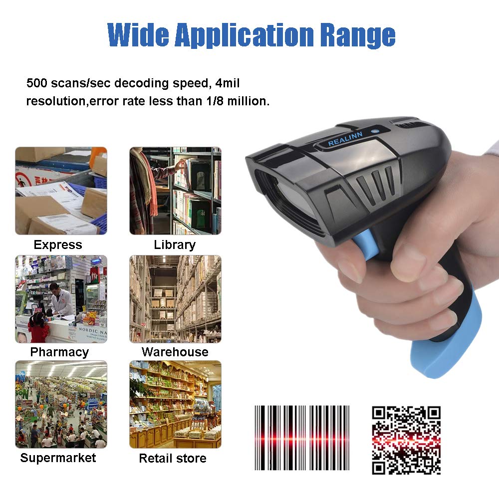 REALINN Cordless Barcode Scanner Wireless 2D QR Code Bar Code Reader with USB Cradle 328ft Transmission Distance CMOS Imager Data Matrix PDF417 UPC Scanners for Inventory Warehouse Supermarkets