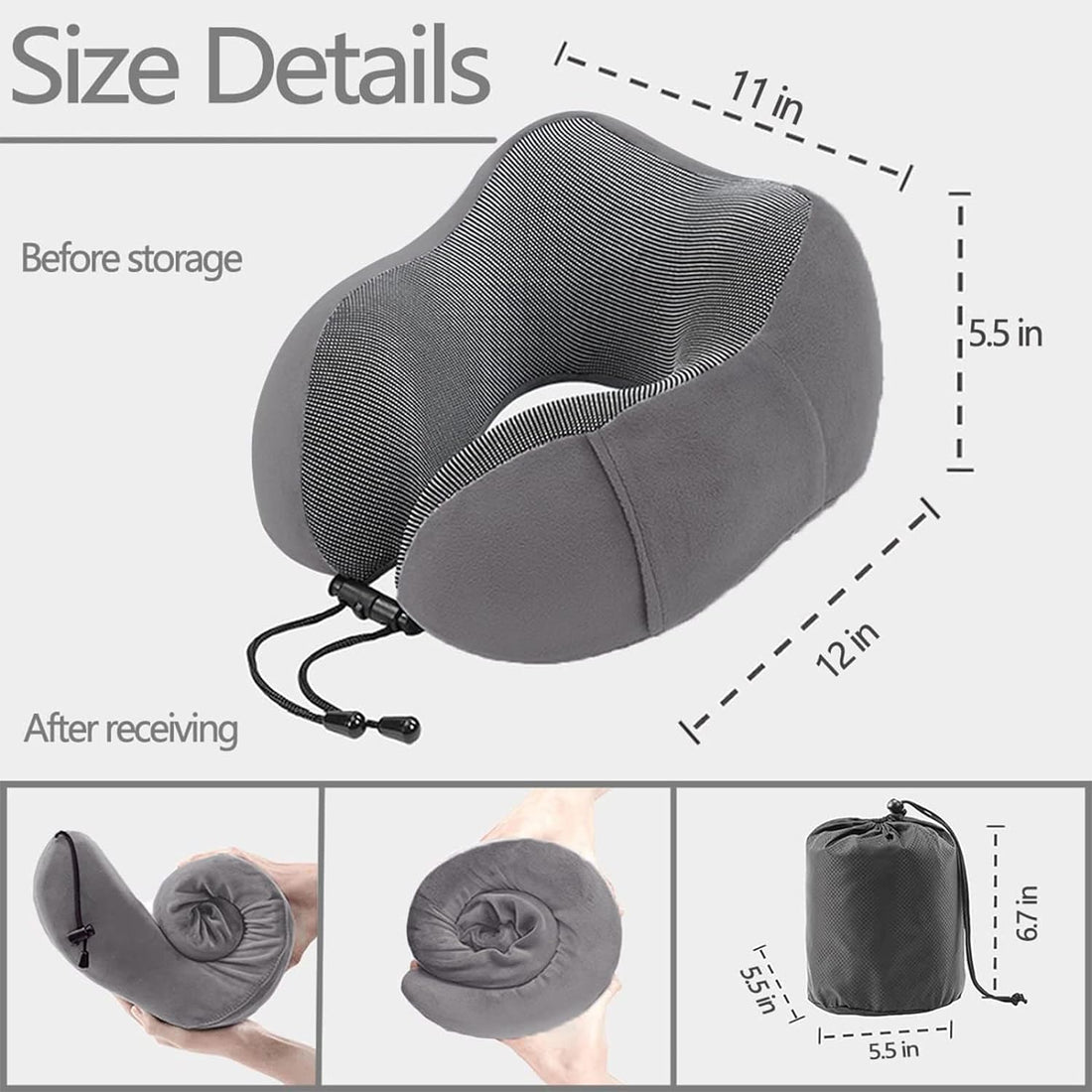 YIRFEIKRER Travel Pillow, Best Memory Foam Neck Pillow and Head Support Soft Pillow with Side Storage Bags, for Sleep Rest, Airplane, Car, Family and Travel Use（Dark Grey）