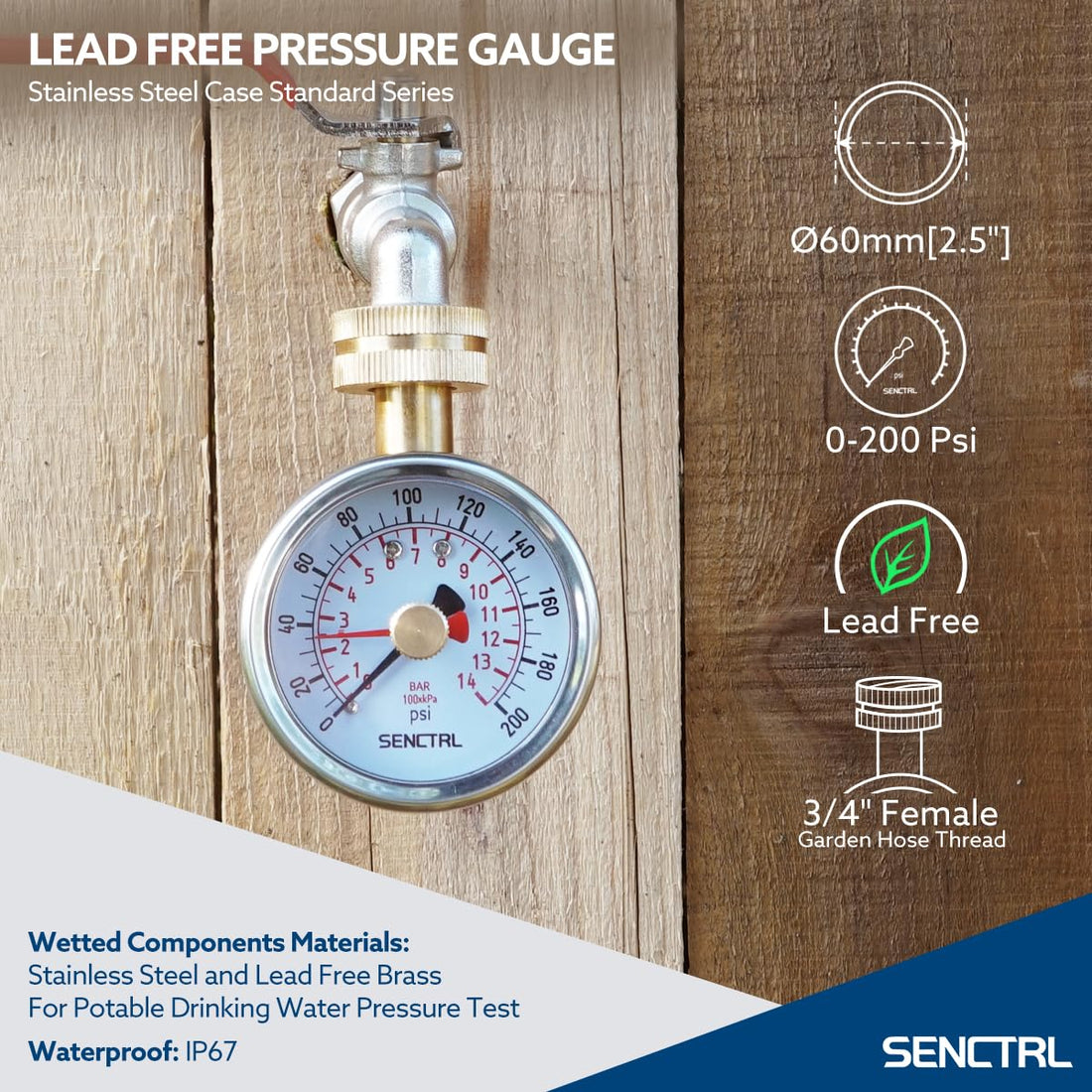 SENCTRL 0-200 Psi Water Pressure Gauge Test with Lazy Hand, Lead-Free, Anti-Fog, Waterproof, 2.5" Dial Size, 3/4" Female Garden Hose Thread, Stainless Steel Case, for Home Potable Water, House Tube
