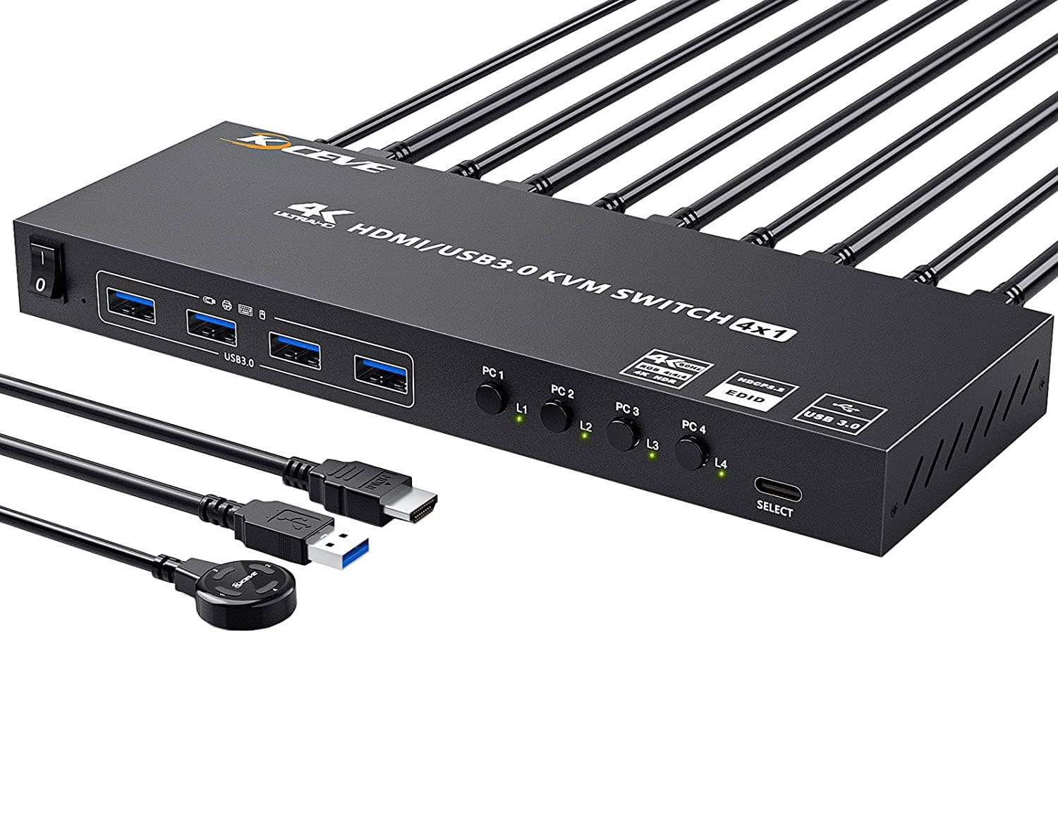 USB 3.0 HDMI KVM Switch, 4 Ports KVM Switcher Selector Box with EDID Emulator Function, Support 4K@60Hz Resolution for 4 Computers Share Mouse Keyboard and Monitor