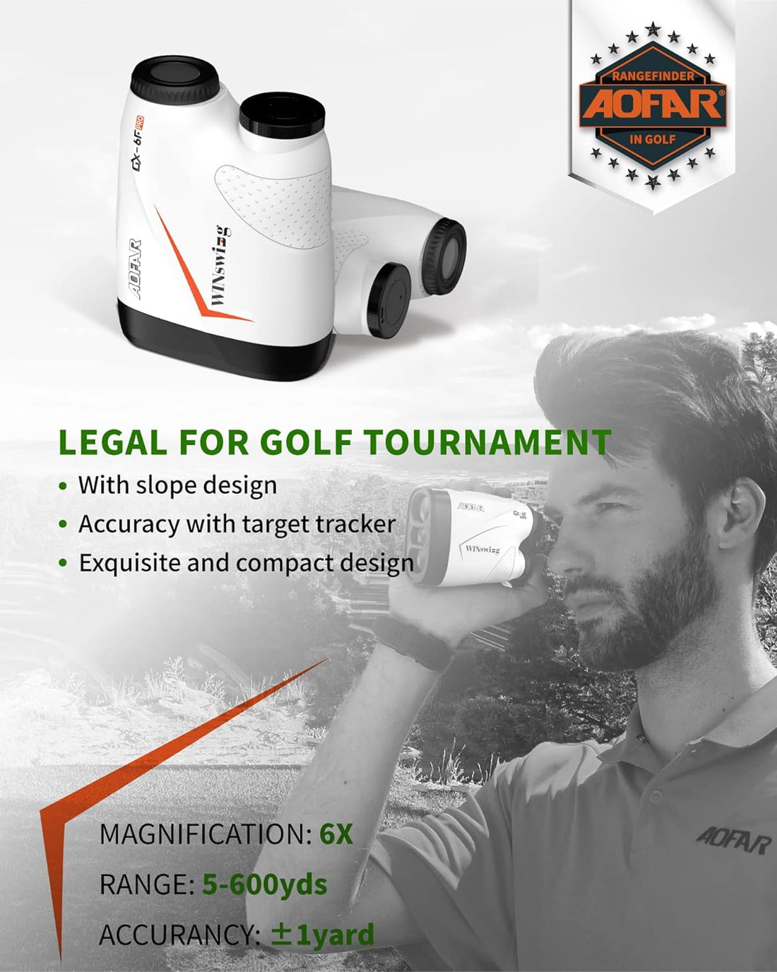 AOFAR Range Finder Golf GX-6F, Flag Lock with Pulse Vibration, Tournament Designed, 500 Yards RangeFinder for Distance Measuring with Continuous Scan, High-Precision Accurate Gift for Golfers
