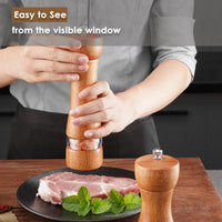 2-Piece Salt and Pepper Grinder Set, 8 Inch Tall Wooden Salt & Pepper Mill Sets with Adjustable Coarseness, Refillable Manual Pepper and Sea Salt Mills for Home Cooks (with Wooden Tray)