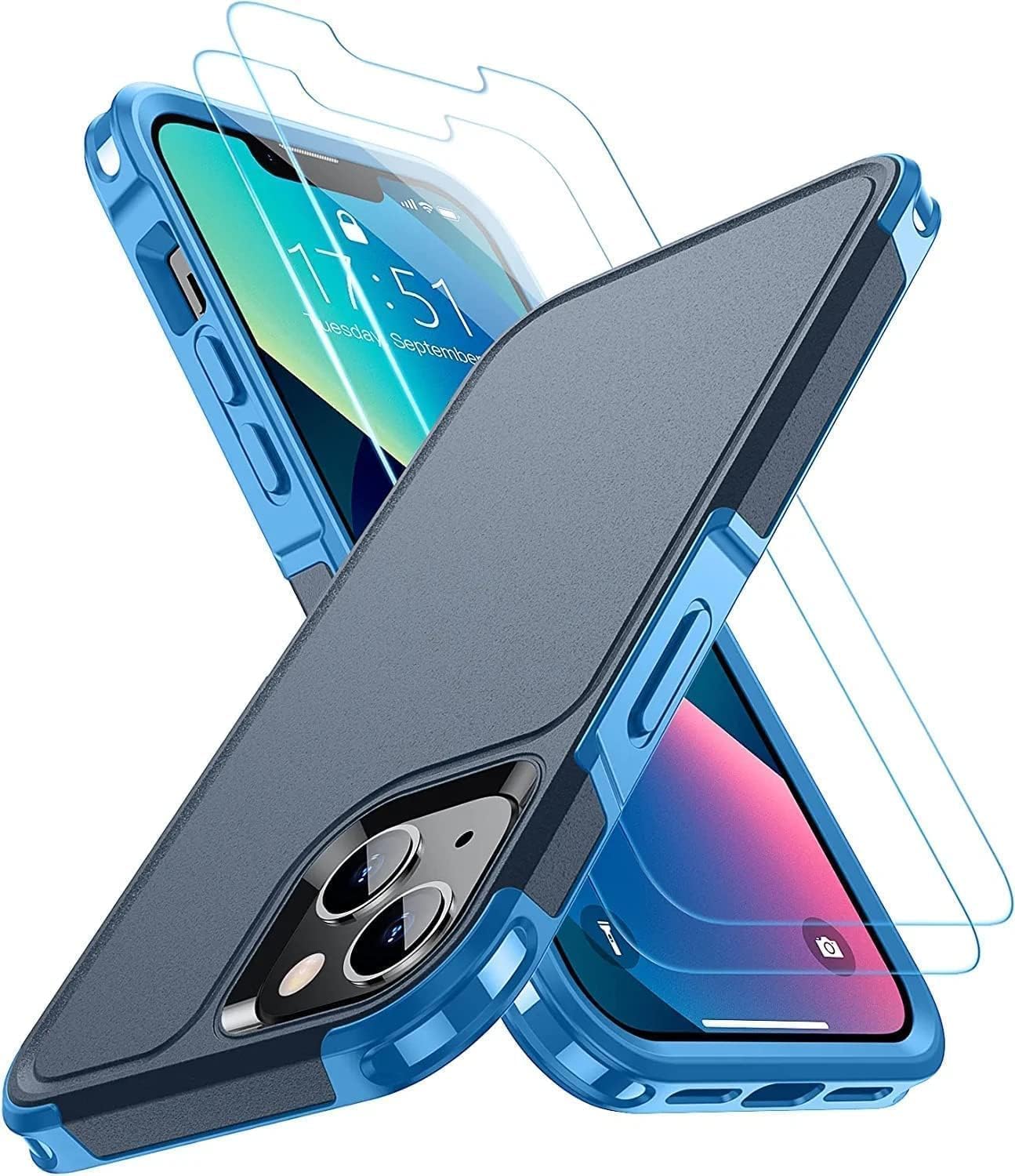 SPIDERCASE Designed for iPhone 13 Case/iPhone 14 Case, [10 FT Military Grade Drop Protection] [with 2 pcs Tempered Glass Screen Protector] Cover, Dark Blue