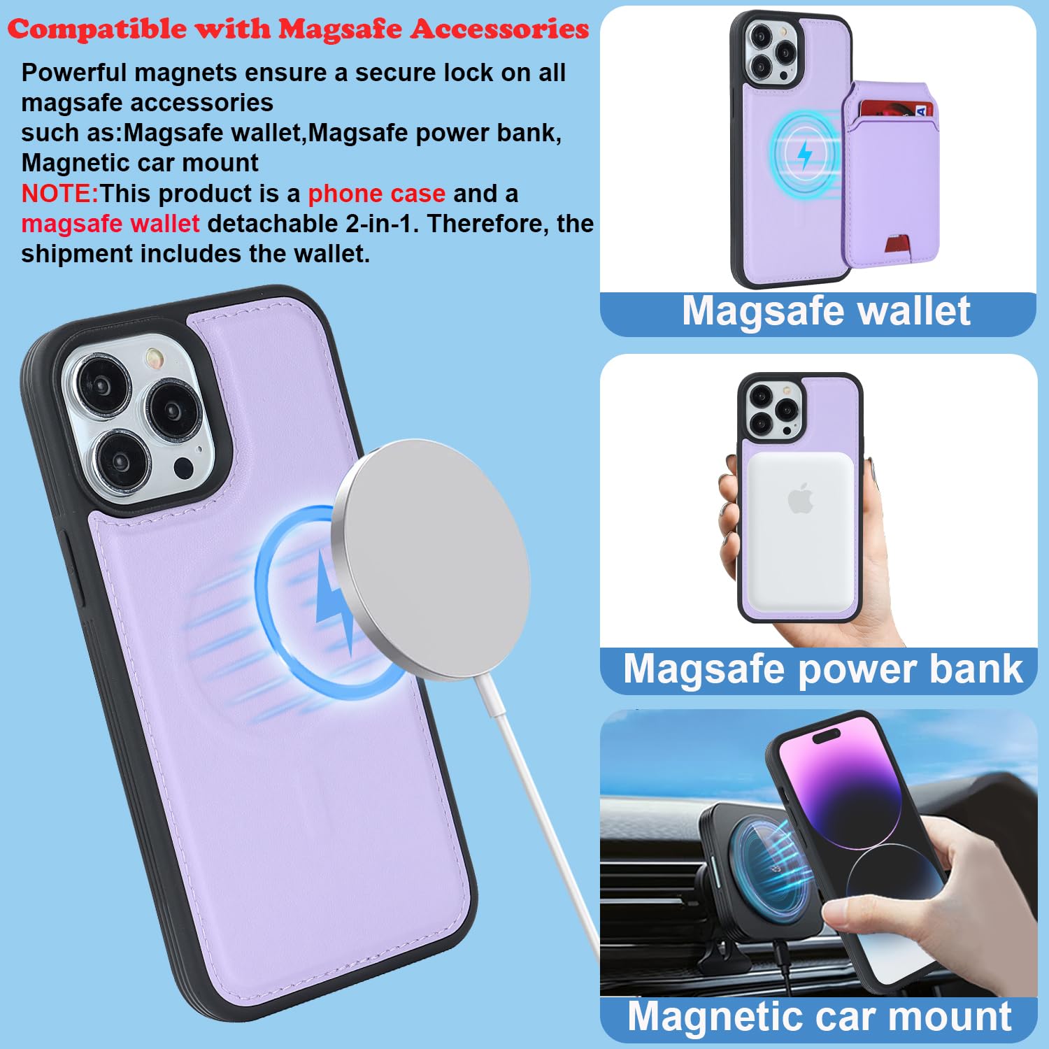Ｈａｖａｙａ for iPhone 14 promax case with Card Holder iPhone 14 Pro Max Case Wallet for Men iPhone 14 pro max case magsafe Compatible Detachable Magnetic Leather Cover-Purple