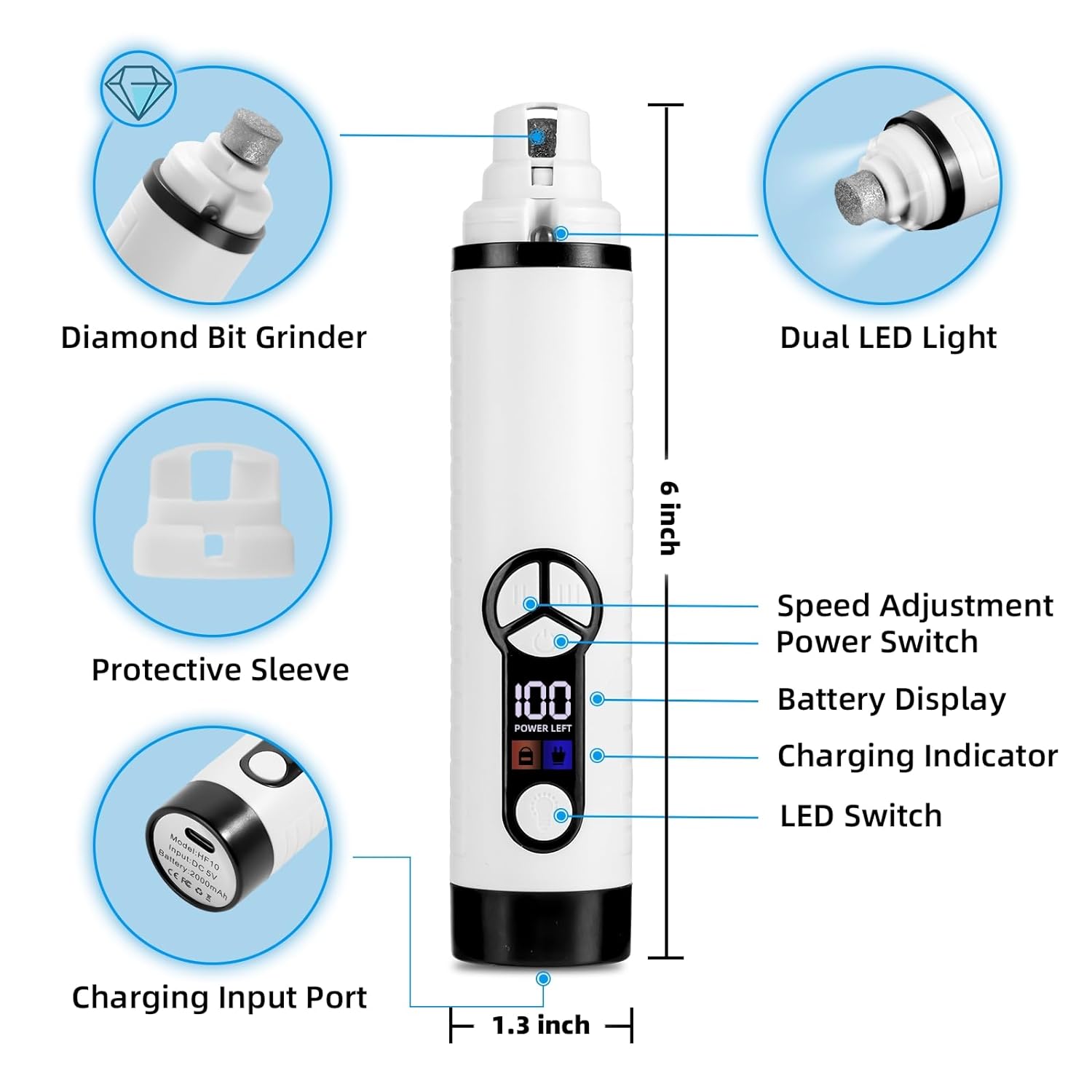 Aisining Dog Nail Grinder with 2 LED Lights - New 3-Speed Powerful Electric Pet Nail Trimmer, Professional, Quiet Painless, Suitable for Paw Grooming & Care for Small, Medium, and Large Dogs and Cats