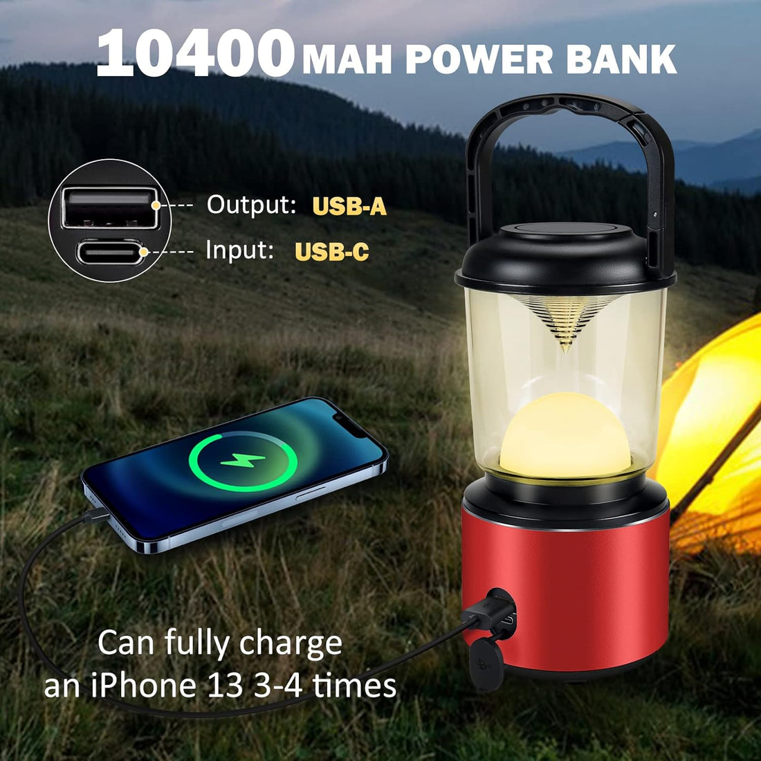 Yonktoo LED Camping Lantern Rechargeable, 10400 Capacity Power Bank, Lanterns Flashlight with 5 Light Modes and LCD Screen, Aluminum Alloy Shell, USB Lanterns for Power Outages, Emergency, Hiking