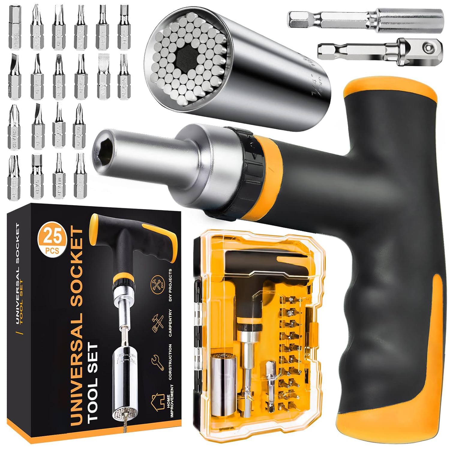 Gifts for Men Universal Socket Wrench Sets - Set of 25 with 1/4-to-3/4-Inch Multi-Function Ratchet Wrench Power Drill Adapter - Super Socket Tool Square Drive Sockets