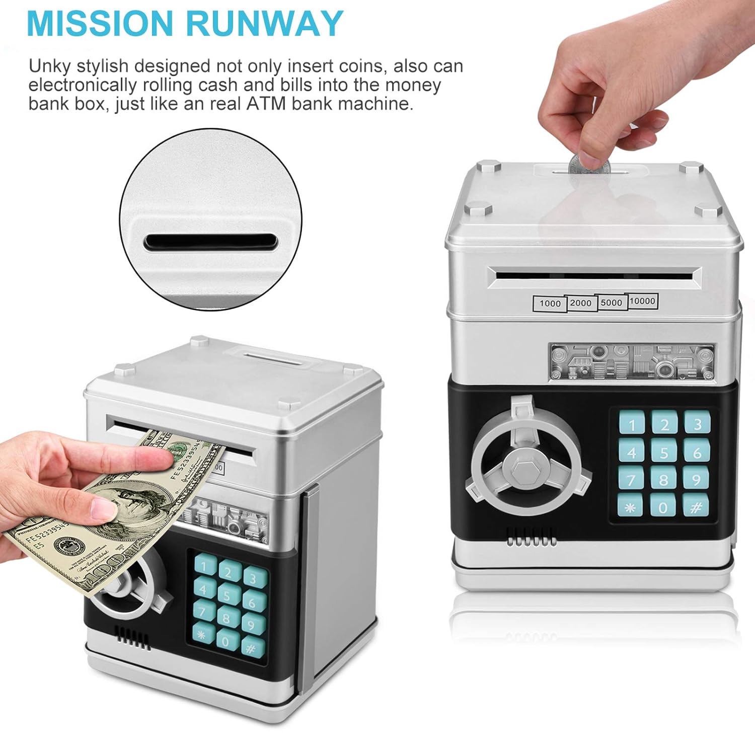 Adsoner Toy Piggy Bank, Electronic ATM Password Cash Coin Can Auto Scroll Paper Money Saving Box Gift for Kids (Silvery)