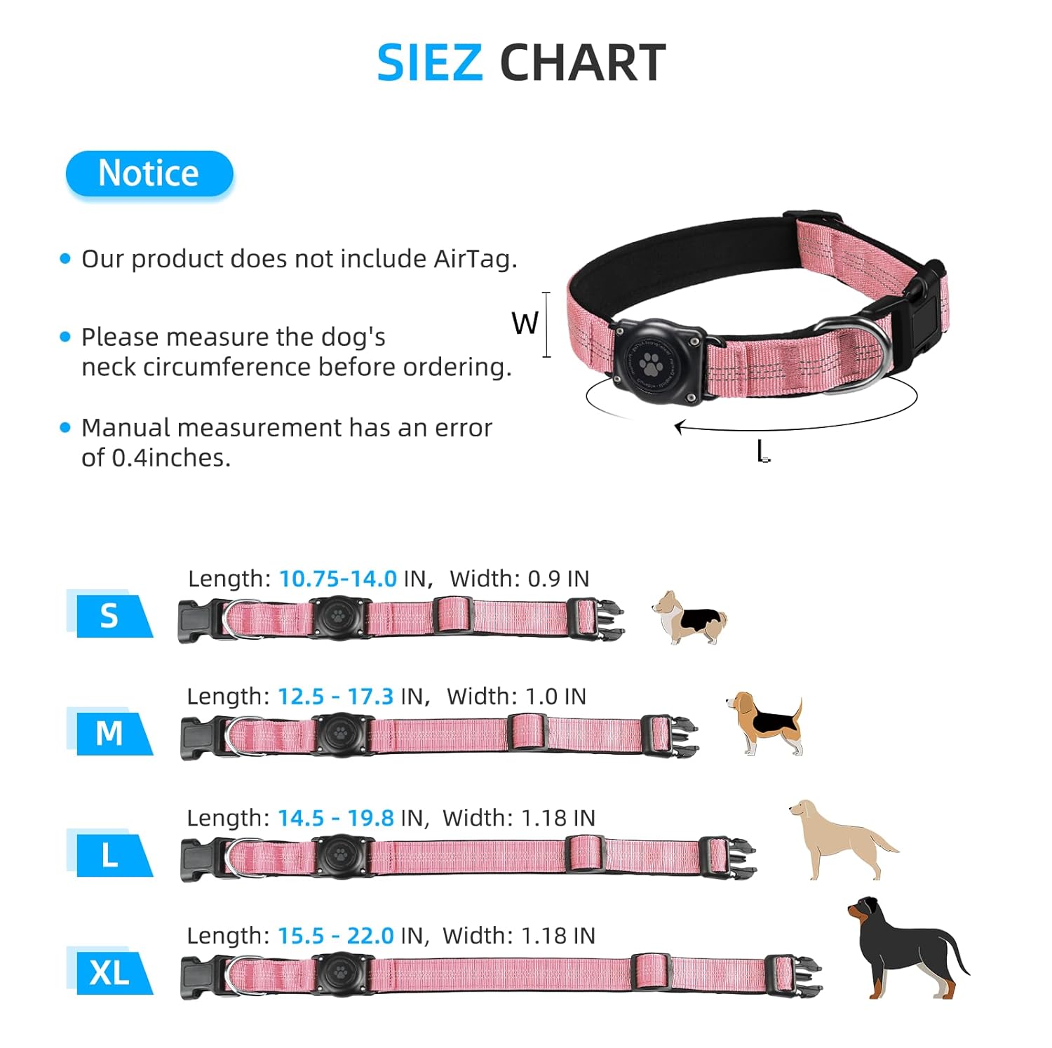 AirTag Dog Collar, IP68 Waterproof Air Tag Dog Collar Holder, Reflective, Ultra-Durable, Comfortable Padded, Heavy Duty Dog Collars for Small Medium Large Dogs (S (10.6"-13.6"), Pink)