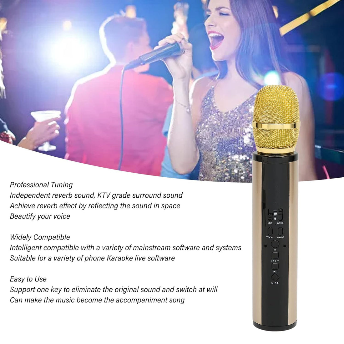 ASHATA K8 Bluetooth Wireless Microphone, Support Tuning, DSP Noise Reduction, Ear Monitoring, UHF Wireless Handheld Microphone for Karaoke Machine, Speaker (Gold)