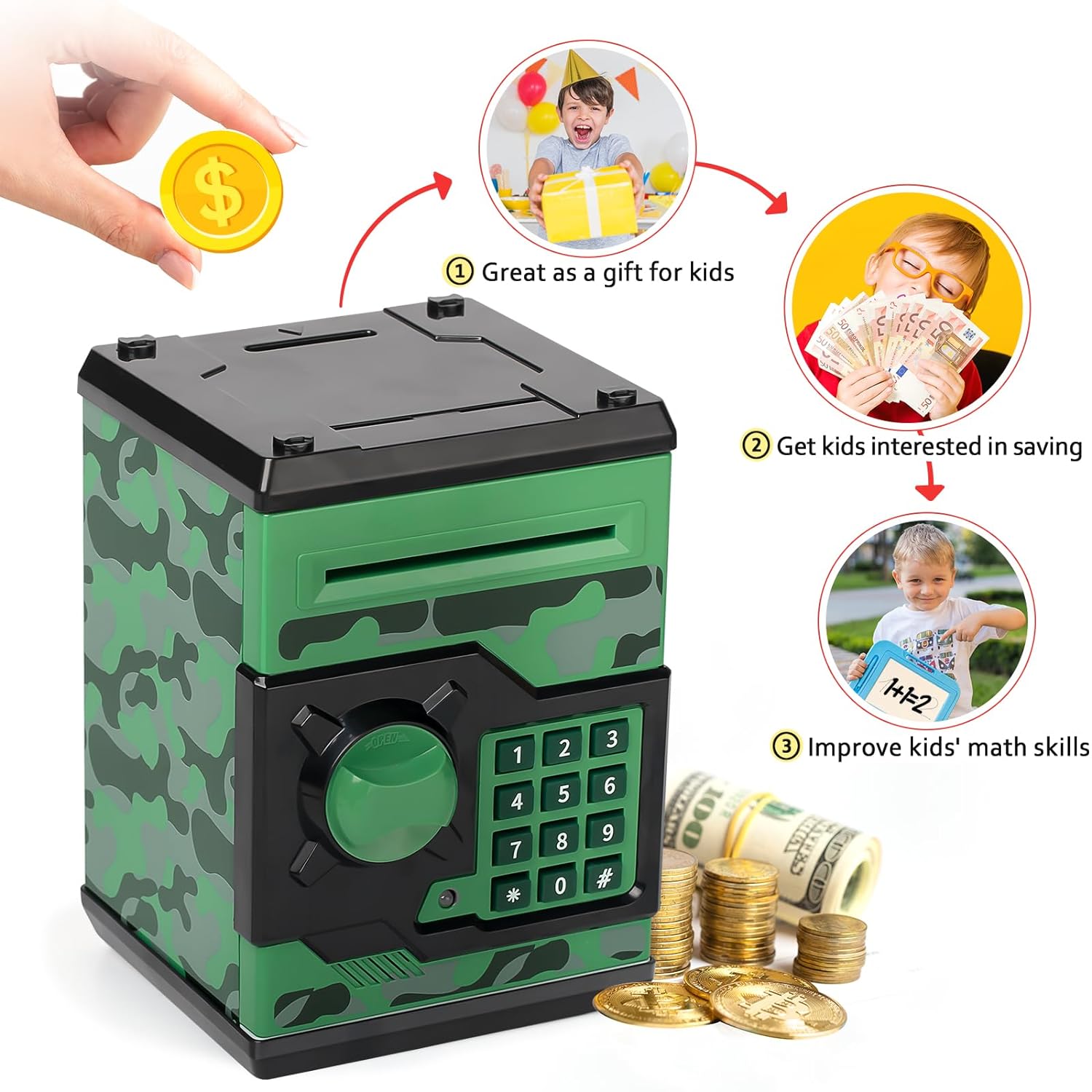 ATM Piggy Bank for Boys Girls, Vcertcpl Mini ATM Coin Bank Money Saving Box with Password, Kids Safe Money Jar for Adults with Auto Grab Bill Slot, Great Gift Toy Bank for Kids(Camouflage Green/Gray)