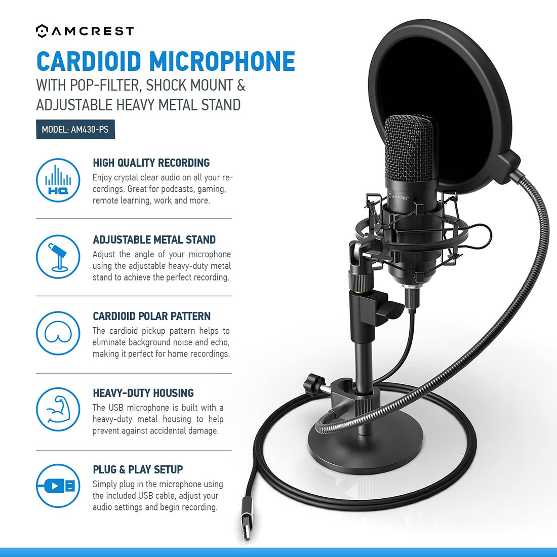 Amcrest USB Microphone for Voice Recordings, Podcasts, Gaming, Online Conferences, Live Streaming, Cardioid Microphone with Pop-Filter, Shock Mount, Adjustable Heavy Metal Stand, AM430-PS