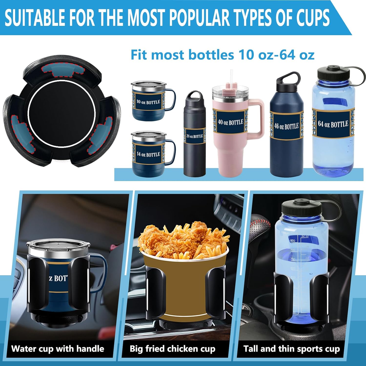 Cup Holder Expander for Car with Adjustable Holder & Base, Matching with Yeti 14/24/36/46oz Ramblers, Hydro Flask, Nalgene, Hold 2.5"-5.1" Large Bottles Mugs Food Drink, Universal Fit Car Cup Holder