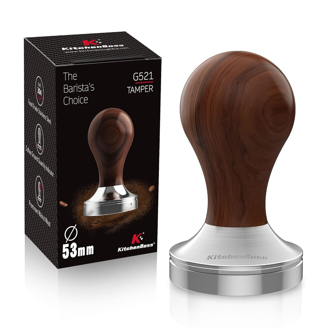 Coffee Tamper 53mm Espresso Tamper: Metal Espresso Pressure Tamper, Wooden Coffee Tamper 53 MM, Weighted Espresso Tamper by KithchenBoss