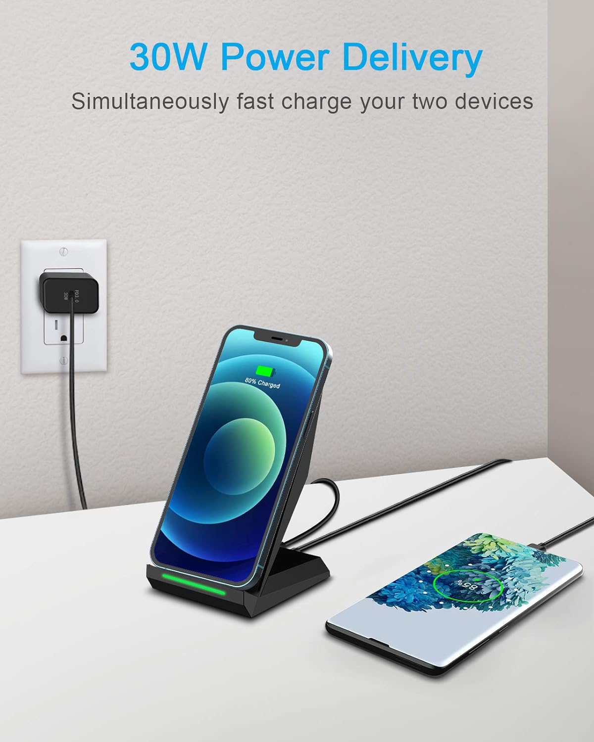 NANAMI 30W Max Wireless Charger, Qi Certified Fast Charging Stand with USB-A Port,Compatible iPhone 13/12/SE 2020/11 Pro/XS Max/XR/X/8 Plus,Galaxy S21 S20 S10 S9 S8, Note 20/10/9/8(with PD Adapter)