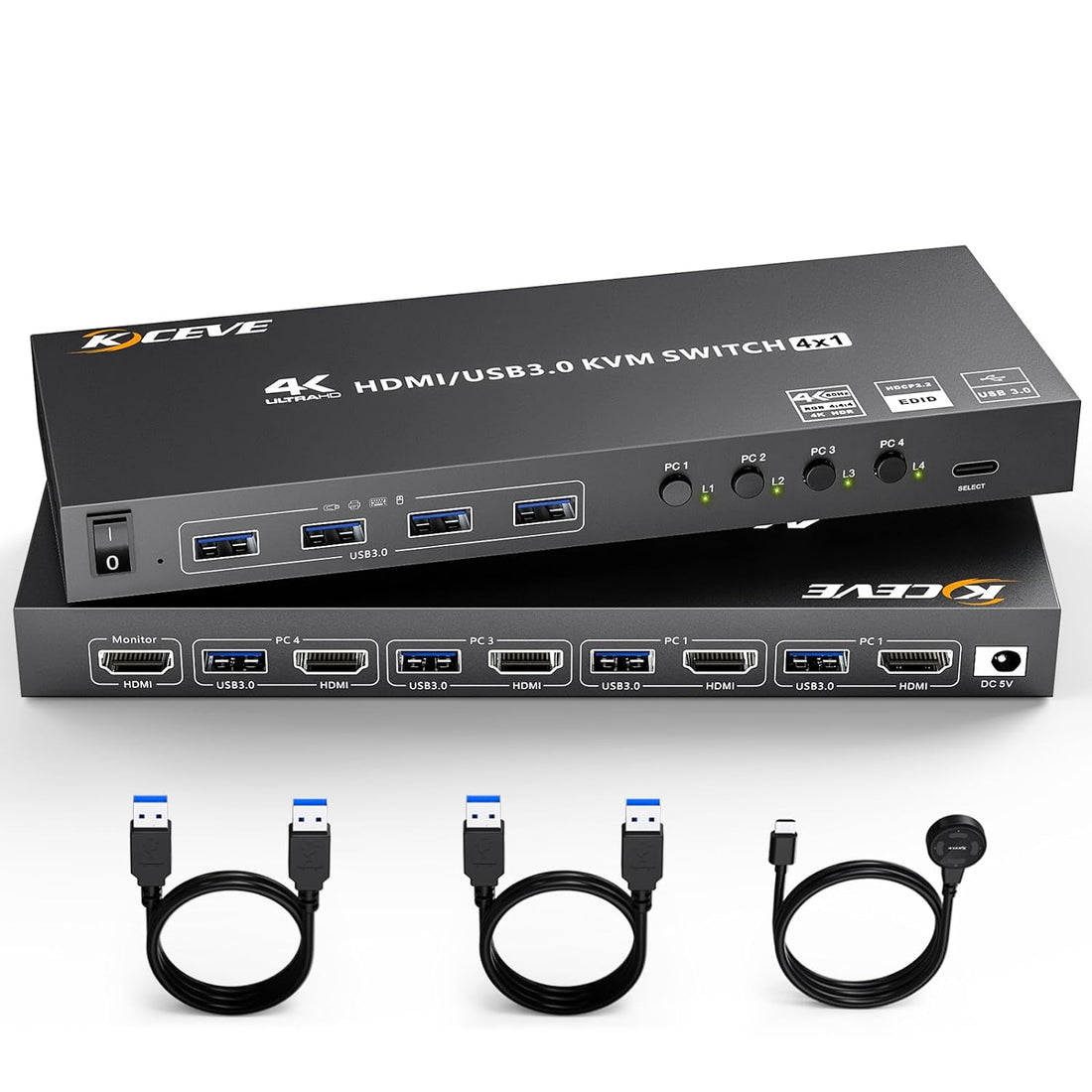 USB 3.0 HDMI KVM Switch, 4 Ports KVM Switcher Selector Box with EDID Emulator Function, Support 4K@60Hz Resolution for 4 Computers Share Mouse Keyboard and Monitor