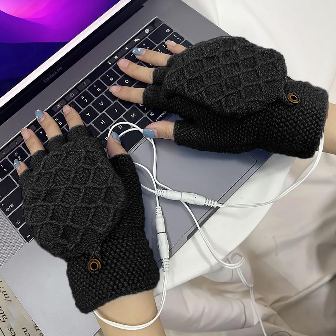 Womens USB Heated Winter Gloves Men Knitted Convertible Fingerless Gloves Electric Hand Warmer Fur Wool Thermal Cycling Mittens Half Finger Heating Work Texting Gloves Christmas Winter Gift