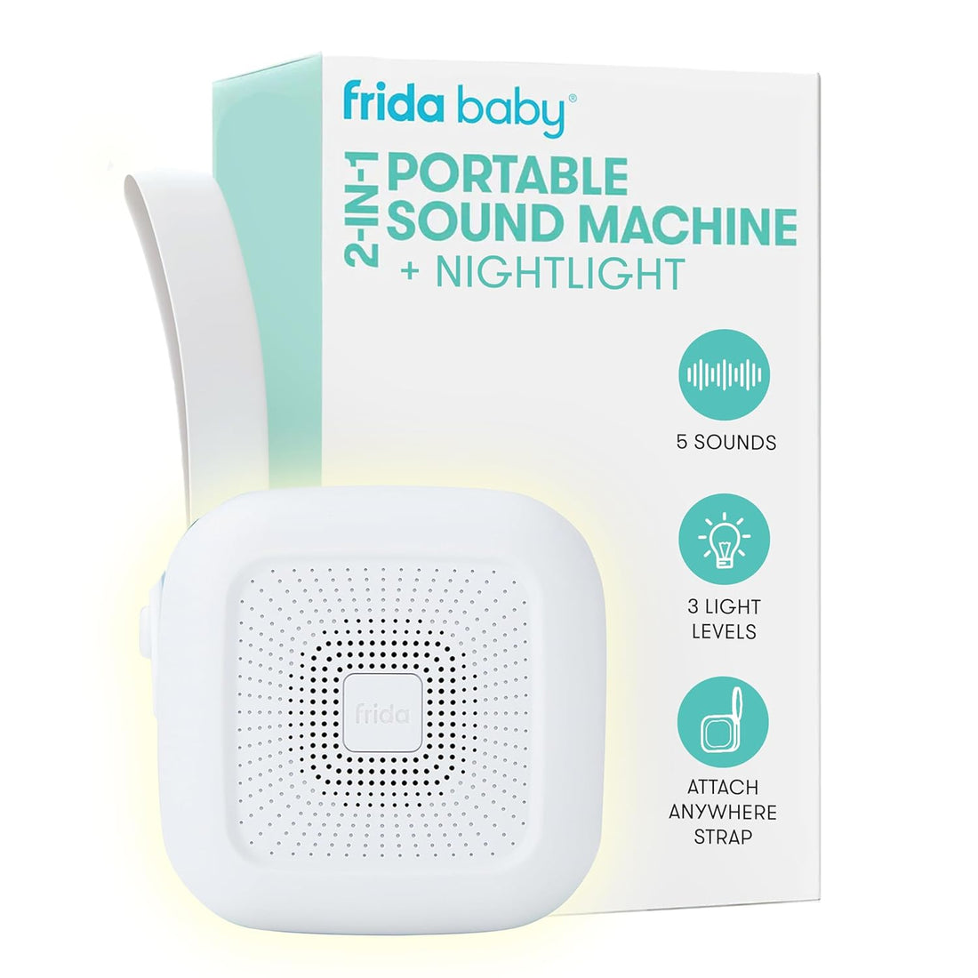 2-in-1 Portable Sound Machine + Nightlight by Frida Baby White Noise Machine with Soothing Sounds for Stroller or Car Seat with Volume Control