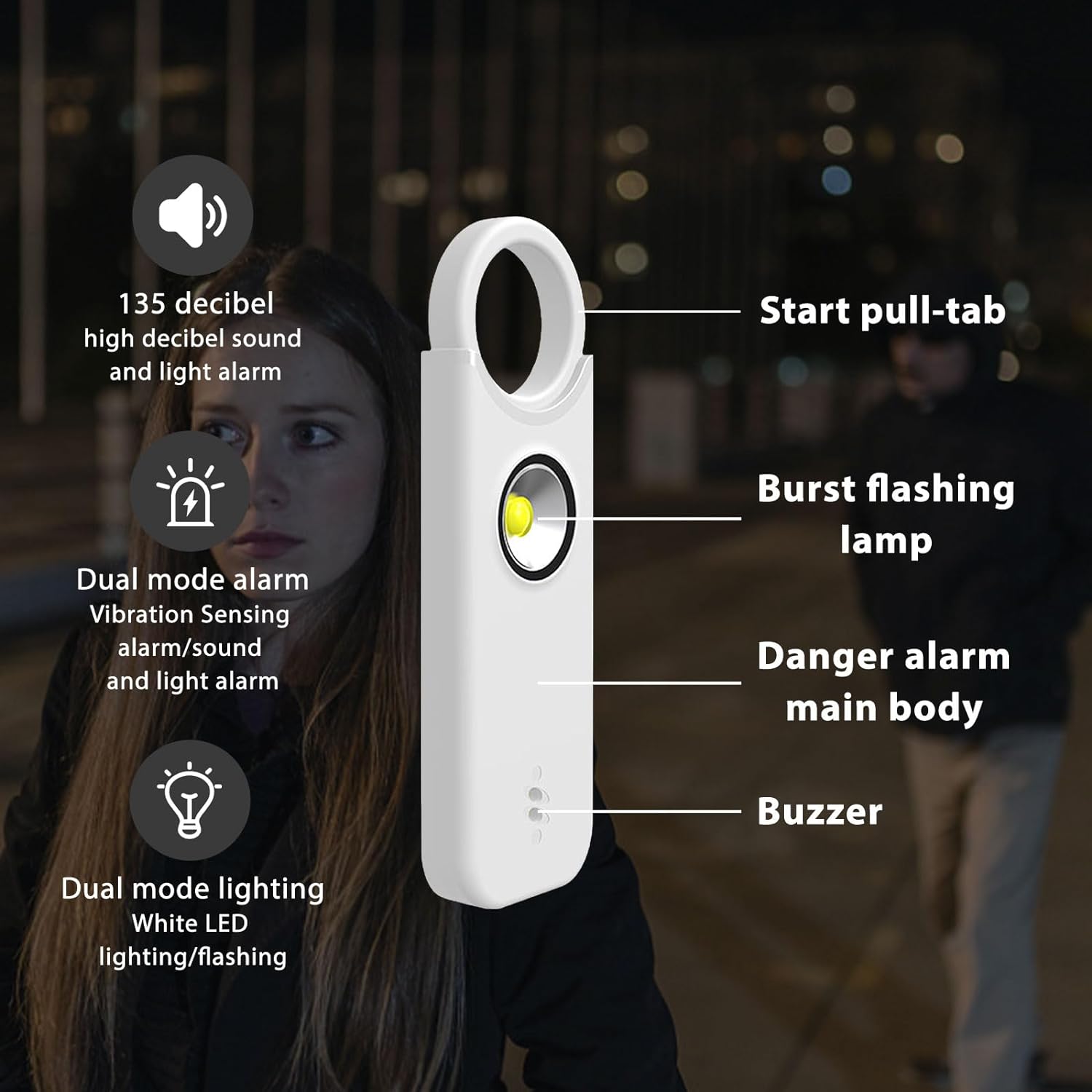 ARPHTYL Self Defense Keychain for Women Personal Safety Alarm Rechargeable Security Siren Protection Devices Panic Buttons Emergency 135db Strobe Light Upgraded Vibration Sensing Mode (White)