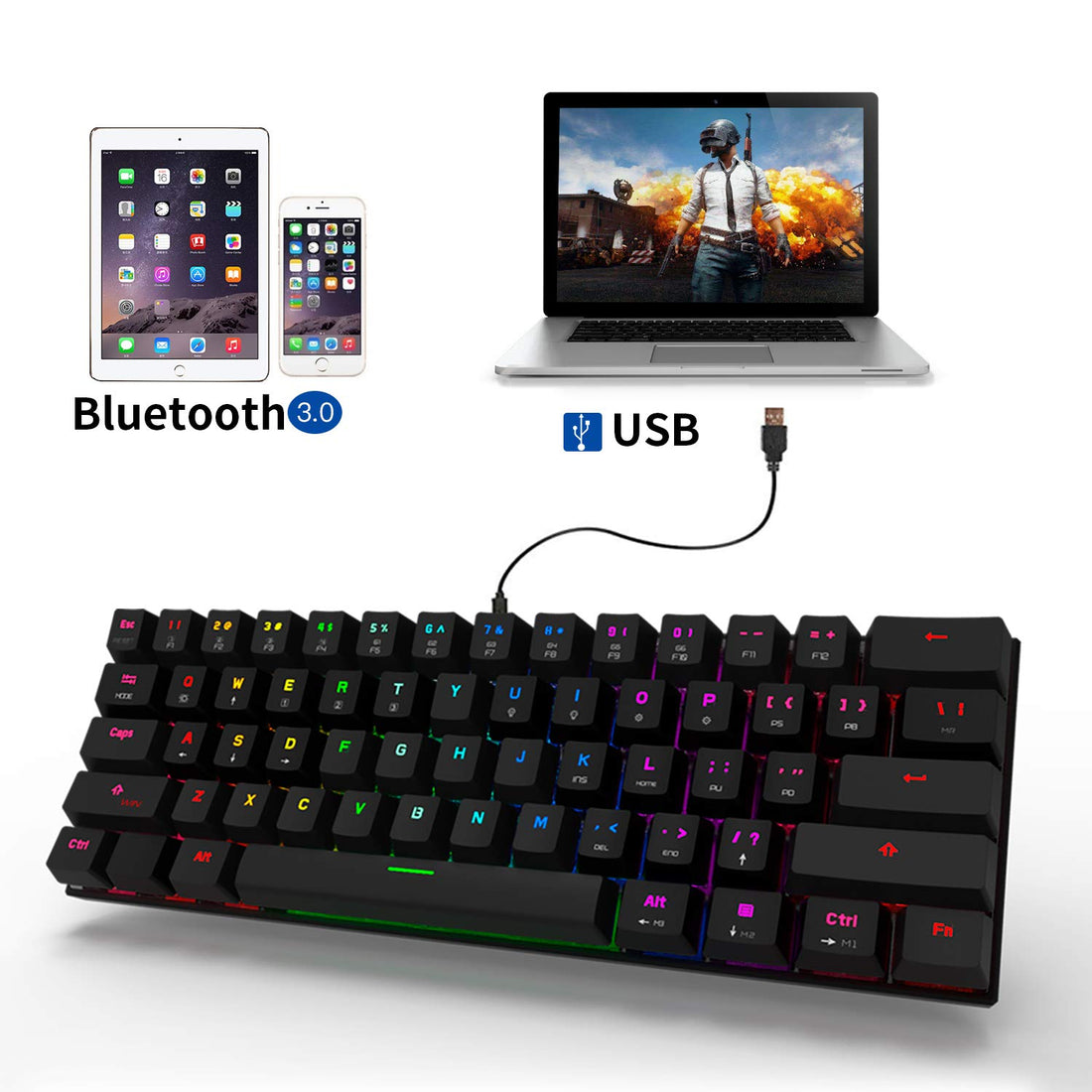 MOTOSPEED 60% Mechanical Gaming Keyboard Compact 61 Keys RGB Backlit Wired/Wireless 3.0 Type-C Gaming/Office Keyboard for PC/Mac/Linux/iPad/iPhone/Smartphone/Laptop Blue Switch