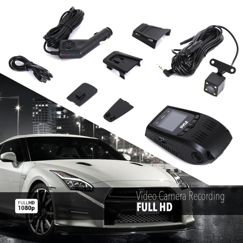 Pyle Dual Dvr Dash Cam System - Full Hd 1080P Vehicle Camera Video Recording with Waterproof Backup