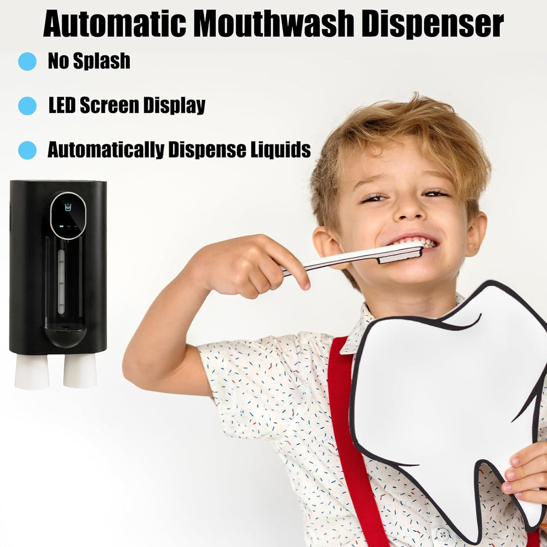 Meideli Automatic Mouthwash Dispenser for Bathroom, 540ml(18 oz) Wall Mounted Mouth Wash Dispenser, Refillable Mouthwash Container with 2 Magnetic Reusable Cups, 3 Mode Liquid Volume Adjustable White