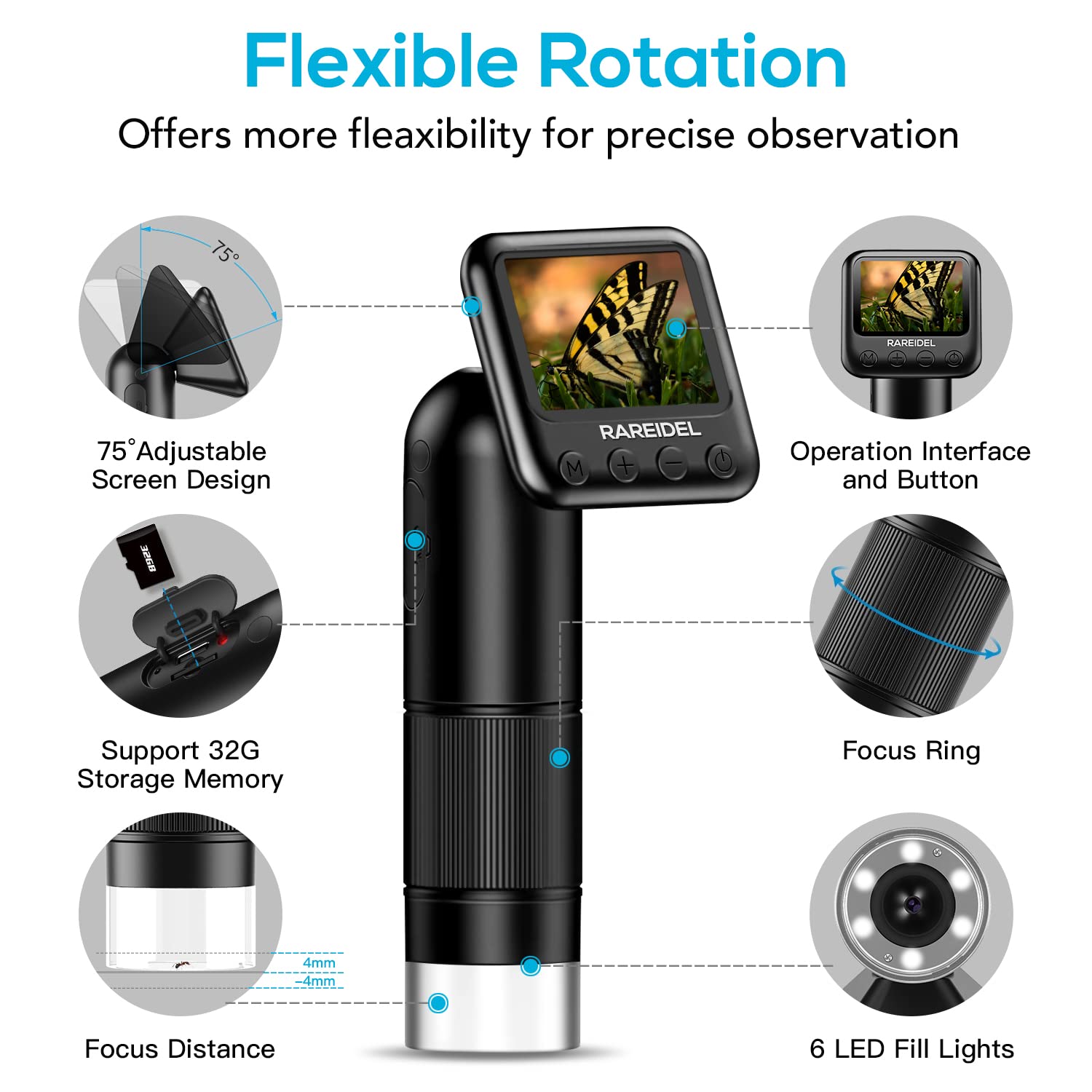 RAREIDEL Digital Microscope with 2" LCD Screen, 400X-800X HD Handheld Portable Pocket Microscope for Kids, Mini Coin Microscope Camera Magnifier, 6 LED Lights Adjustable, USB to PC with SD Card