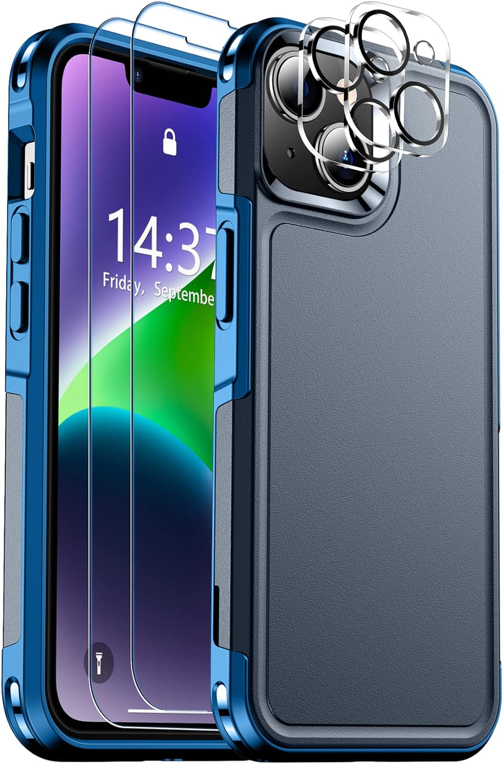 SPIDERCASE for iPhone 14 Case, [15 FT Military Grade Drop Protection][Non-Slip] [2+Tempered Glass Screen Protectors][2+Tempered Camera Lens Protectors] Heavy Duty Shockproof Case, Dark Blue