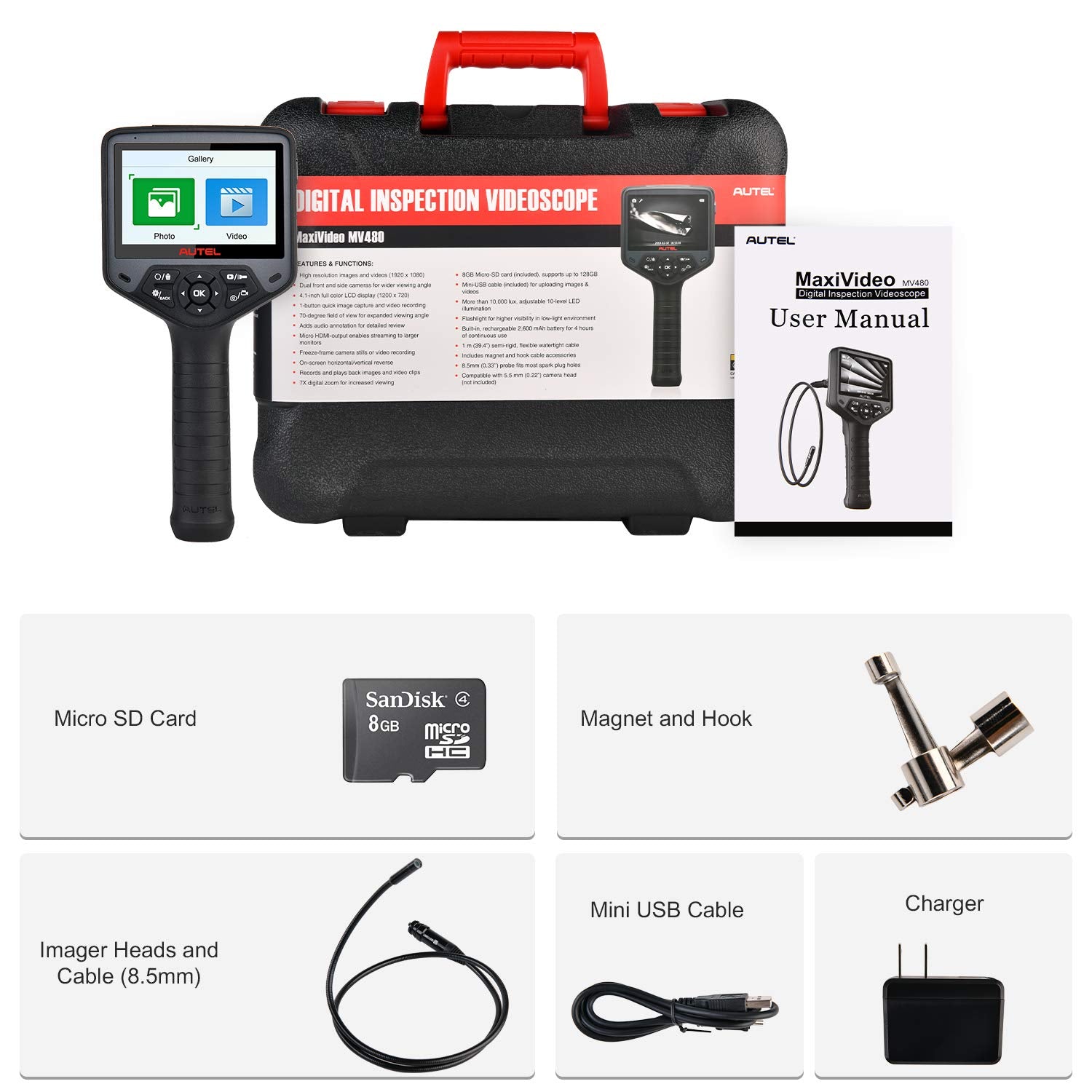 Autel MaxiVideo MV480 Inspection Camera, 1080P HD Industrial Endoscope Video Scope, Videoscope with Audio Annotation, Dual Cameras, 360°Rotation, 7 X Zoom, Upgraded Ver. of MV460