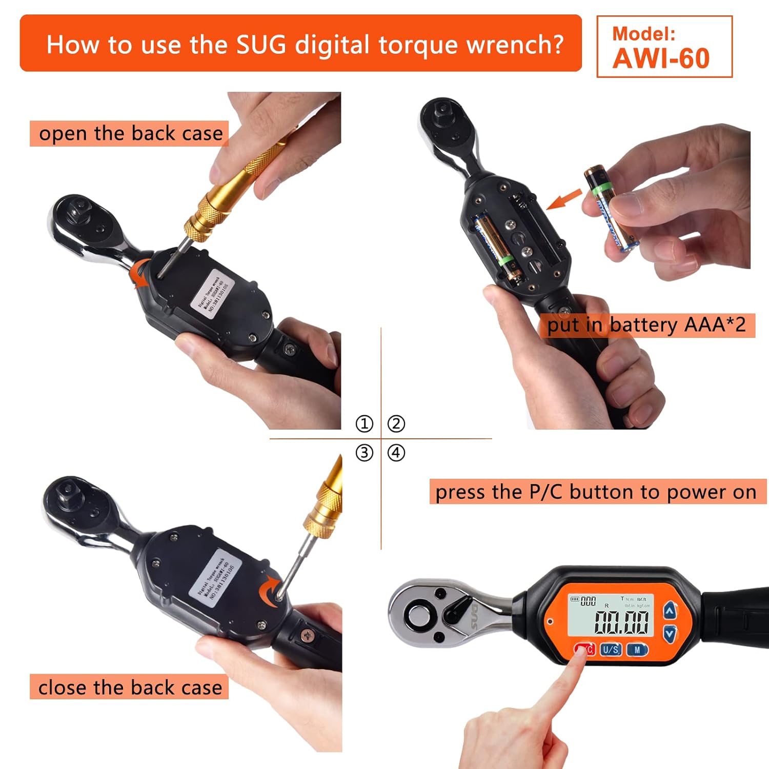SUG Mini Digital Torque Wrench, 3/8-inch Drive with Buzzer & LED, 1.33 to 44.25 ft-lbs, Professional Electronic Short Handle Torque Wrenches Bike Car Repairing Tool (Accurate to 2%) Calibrated