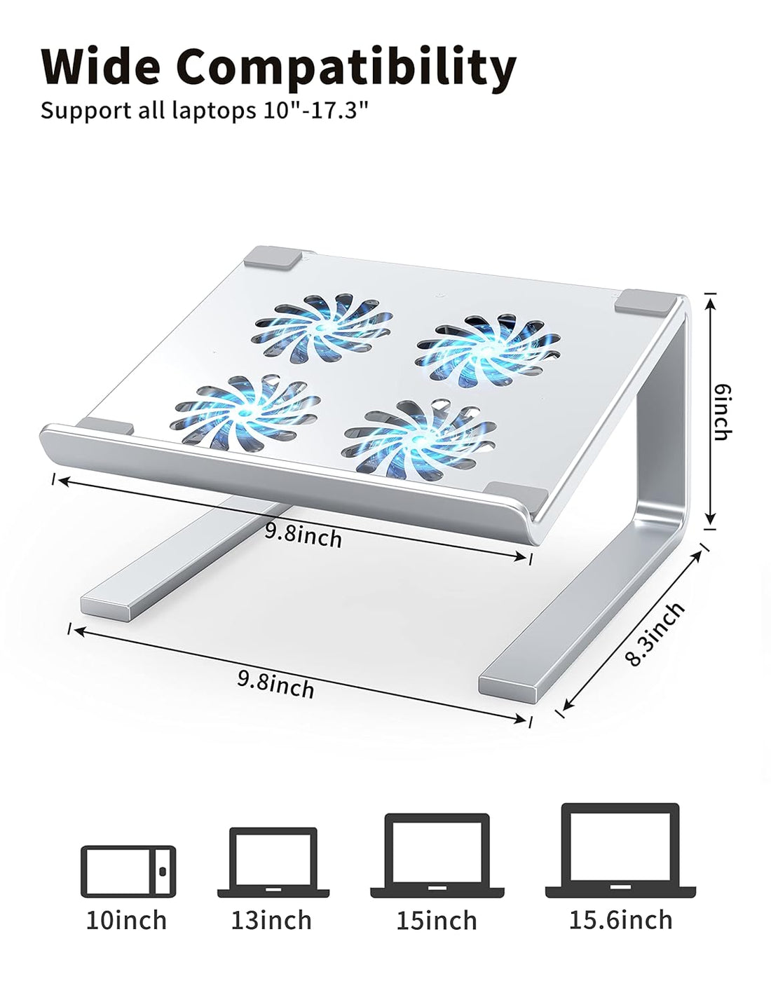 SOUNDANCE Laptop Cooling Pad with 3.0 USB Hubs and Quiet Fans, Laptop Stand Cooler Prevent CPU Overheating, Ergonomic Stable Metal Computer Riser for 10-17.3 Gaming Office PC Notebook, Silver