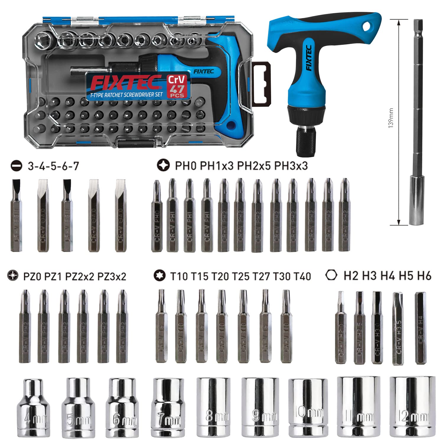 FIXTEC 47-Piece Magnetic T-Handle Ratchet Wrench and Screwdriver Set,Repair Tool Kit for Electric Appliances and Home Improvement